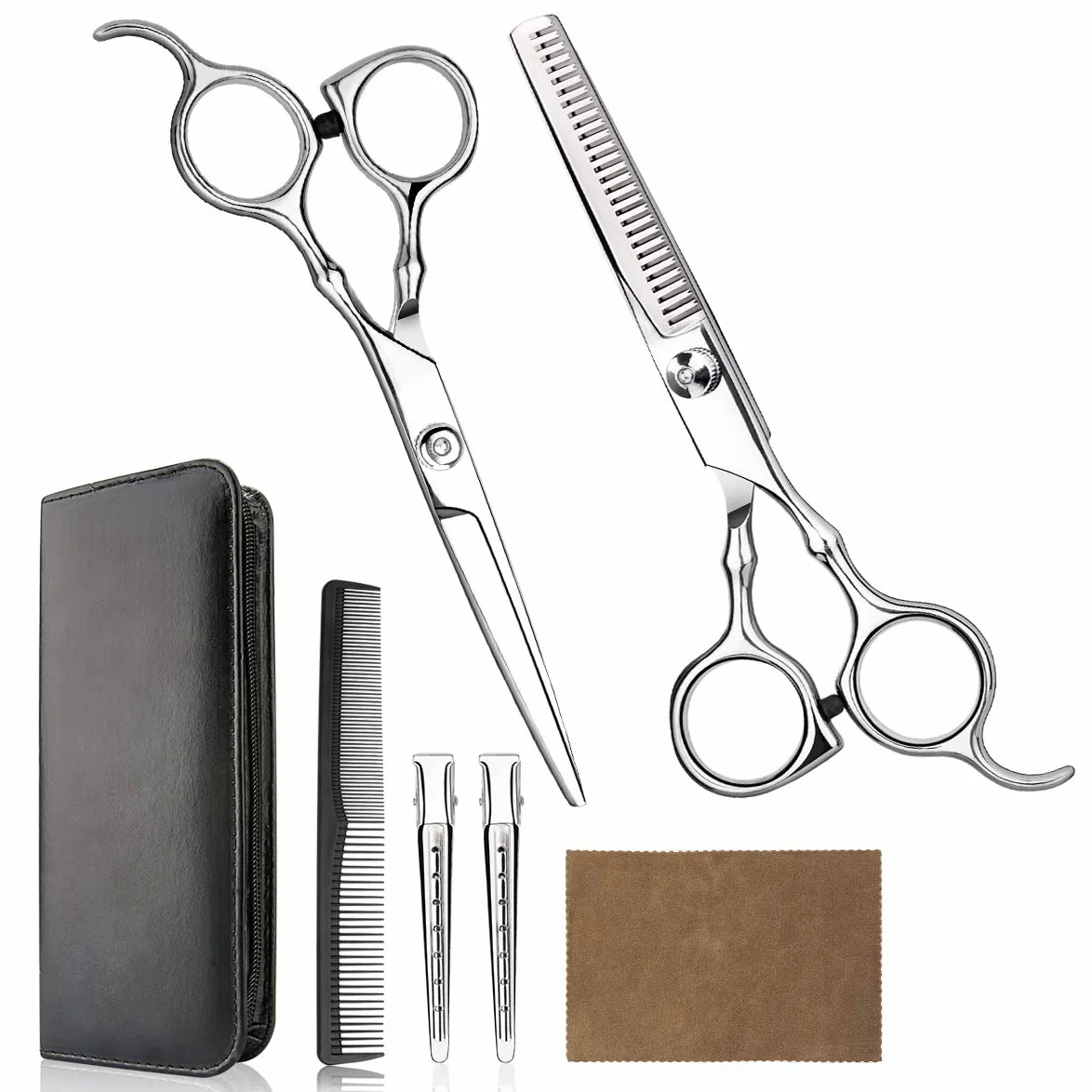 Tijeras de corte de pelo profesionales para el hogar, peluquería/salón de belleza, kit de tijeras de adelgazamiento con peine y estuche para hombres y mujeres (plateado)