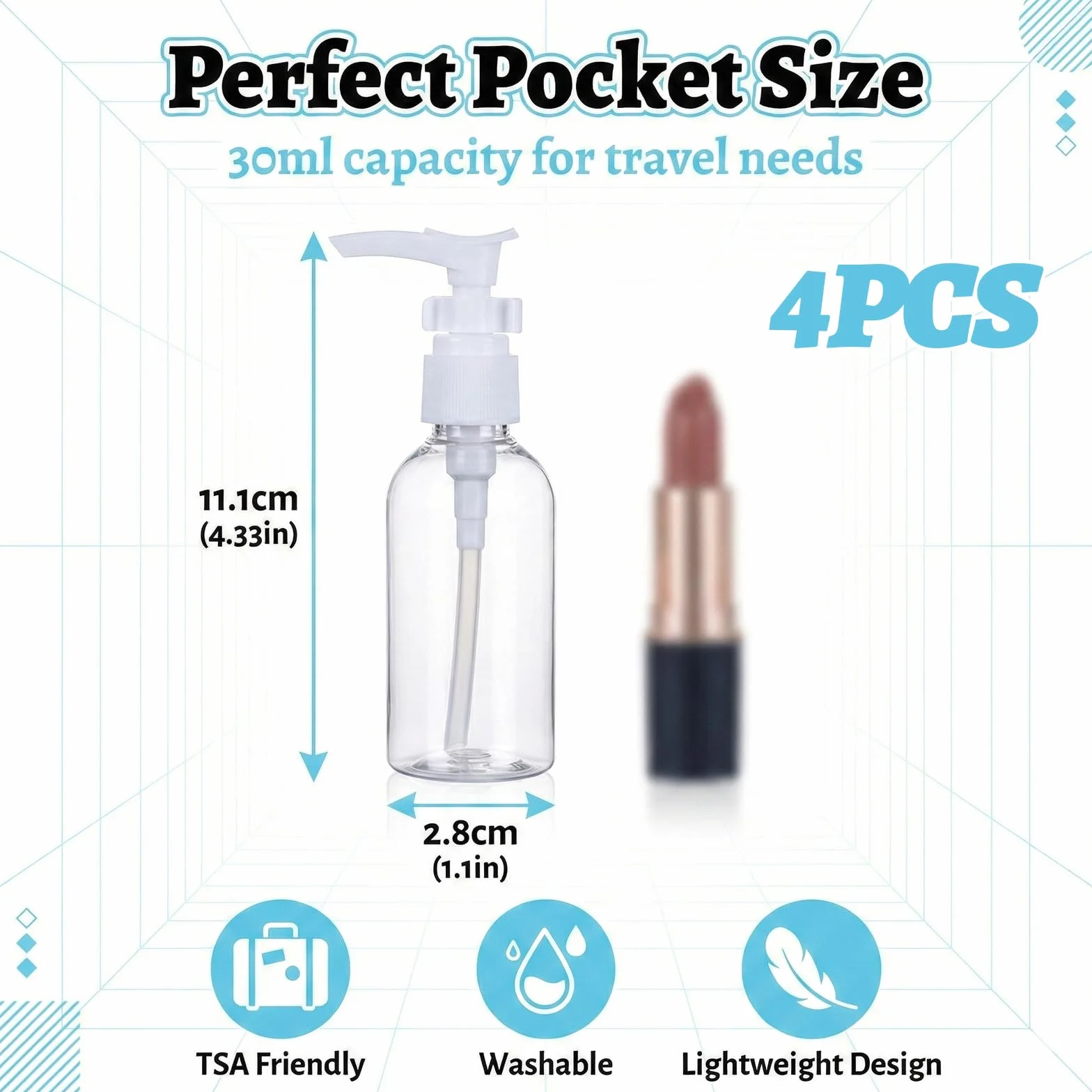 Botellas con Bomba Transparente 30 ml Paquete de 4 - Botellas de Viaje Plástico, Dispensador de Loción para Cosméticos