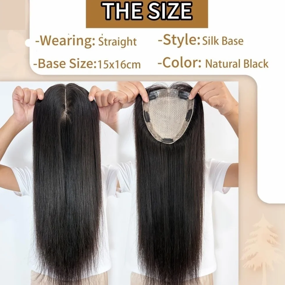 Topper for capelli veri for donne con capelli sottiato, base ancha 15x16 cm Extension for Peluca Densidad 150 Extension per capelli (16 inch,Dark Brown)