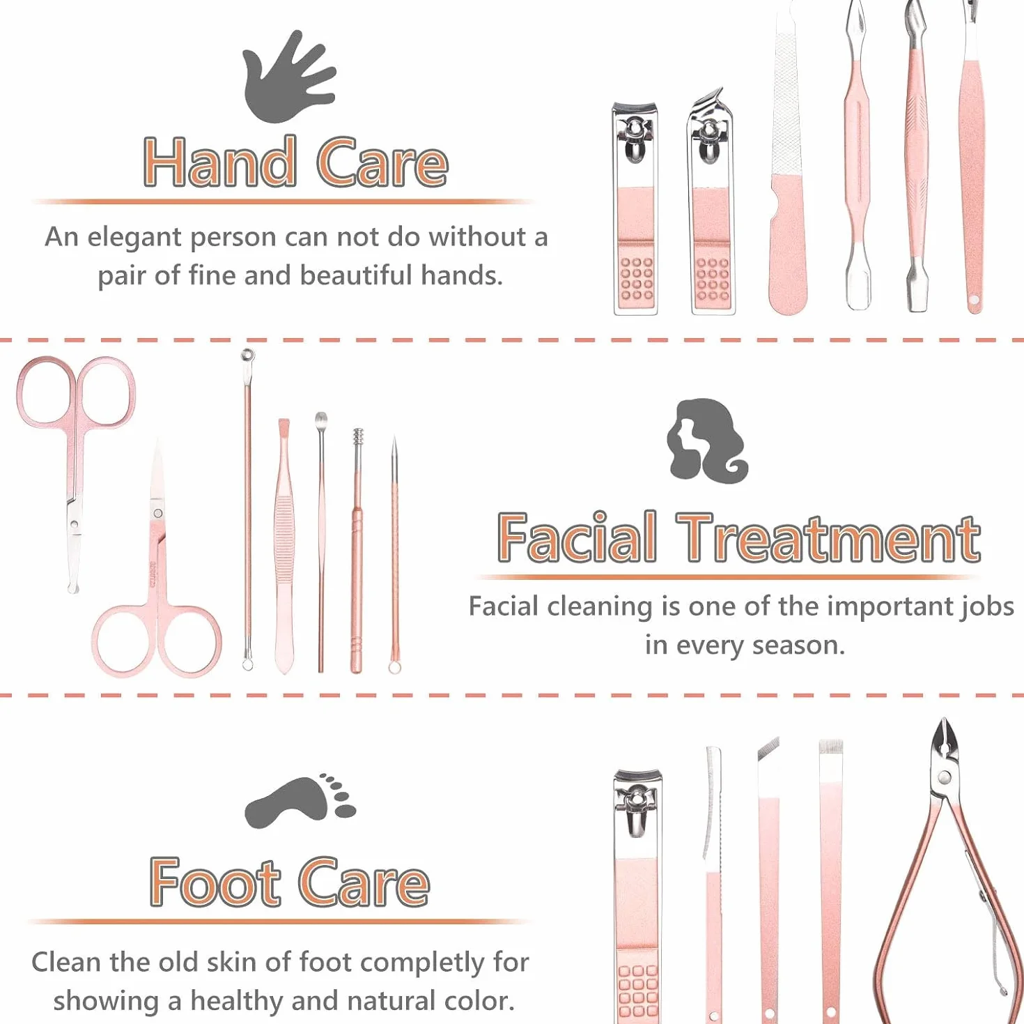 Set de Manicura y Pedicura 18 Piezas, Cortaúñas Acero Inoxidable con Caja de Cuero, Oro Rosa