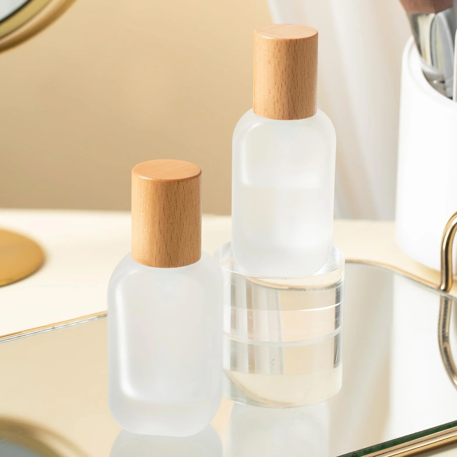 4 Piezas 30ml Bote Airless, Dispensador de Bomba de Vidrio, Botella Vacía de Viaje Con Tapa de Madera Para Crema Cosmética, Con Embudo