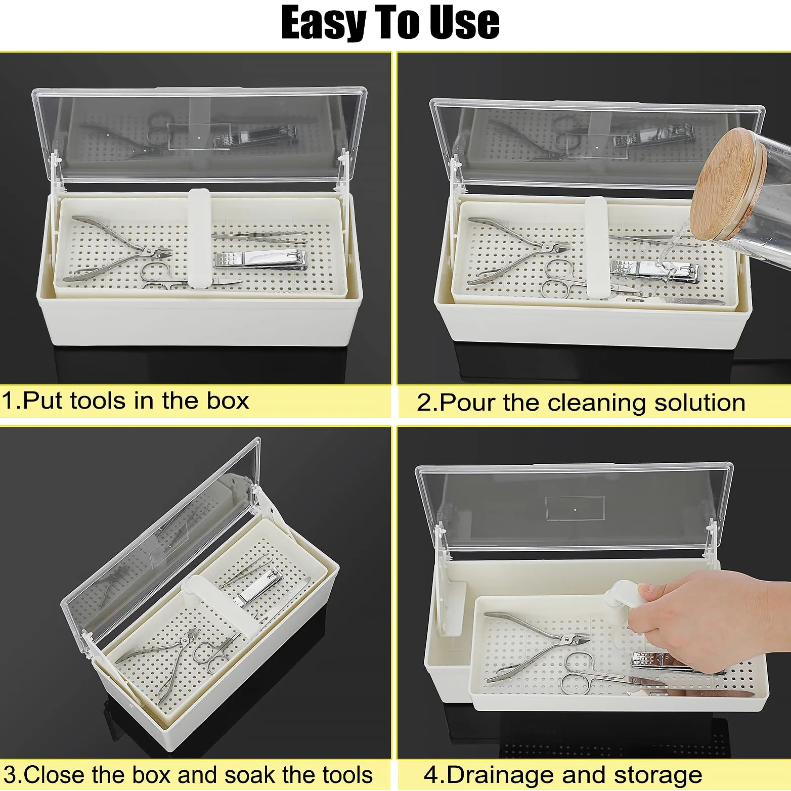 JUXYES Bandeja de esterilización de plástico para accesorios de arte de uñas, bandeja esterilizadora portátil con colador, caja de almacenamiento para pinzas, herramientas de manicura, herramienta de