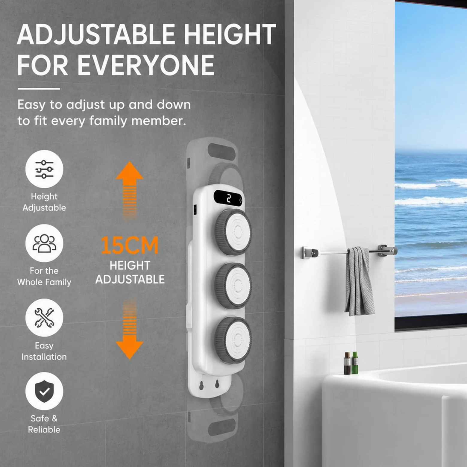 Cepillo Eléctrico Corporal con 3 Cabezales Motorizados, Cepillo para la Espalda de Ducha de Pared, Cerdas Suaves Exfoliantes, Diseño Manos Libres, 2 Velocidades, Altura Ajustable