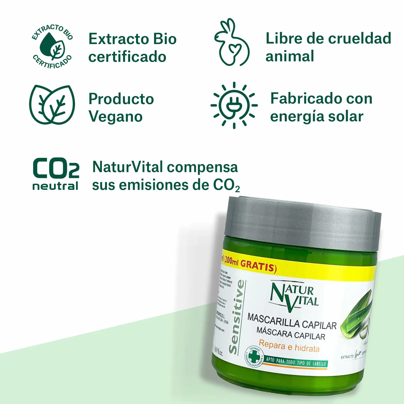 NaturVital Mascarilla Capilar Sensitive Reparadora Hidratante Cuero Cabelludo Sensible con Aloe Vera Bio y Pro-Vitamina B5 sin Sulfatos 500ml