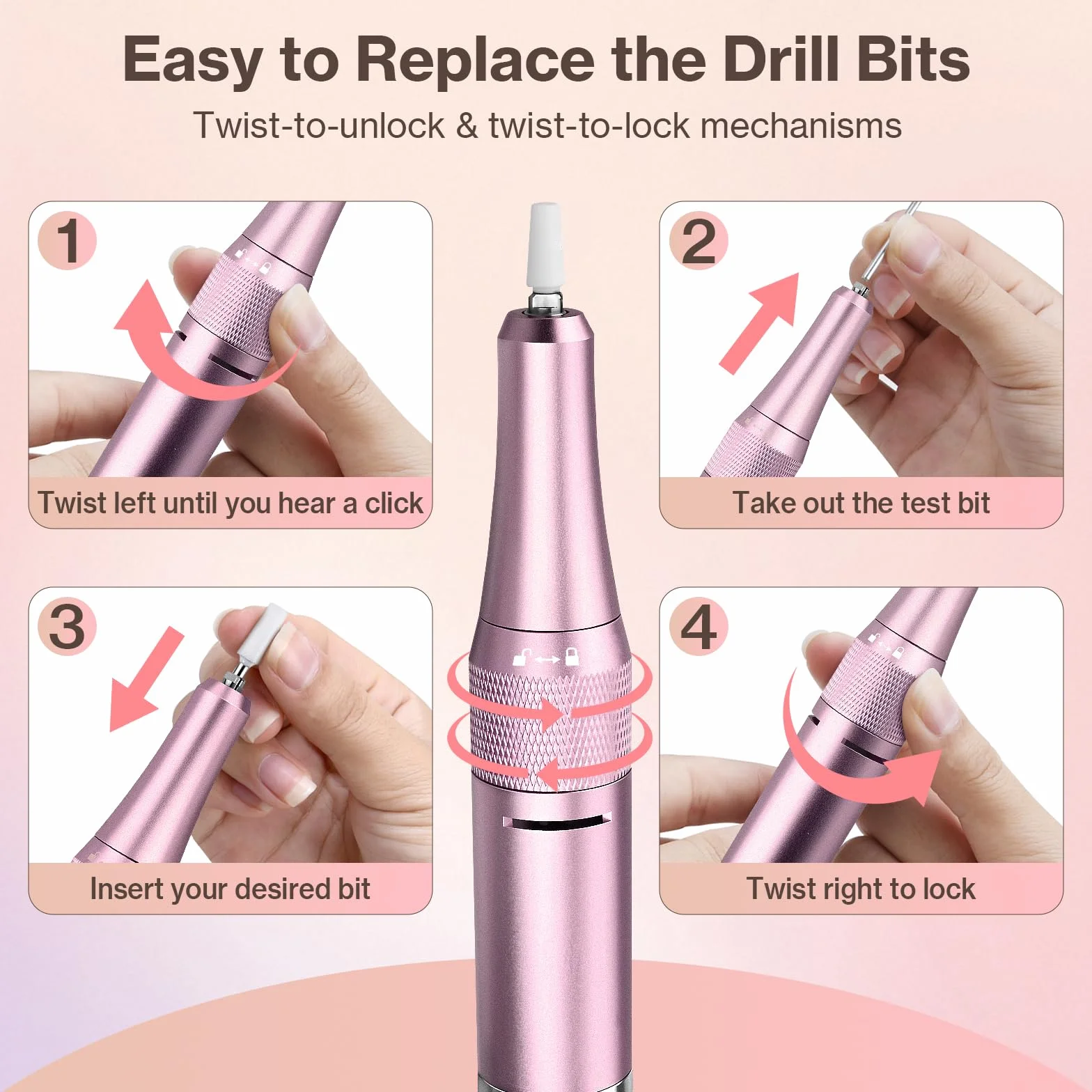 Torno para Uñas,Torno para Uñas Profesional 40000 RPM con 12 Cabezales de Pulido, Pantalla LCD,Control de Botones Iluminados,Silencioso, Lima Electrica Uñas (Rosa)