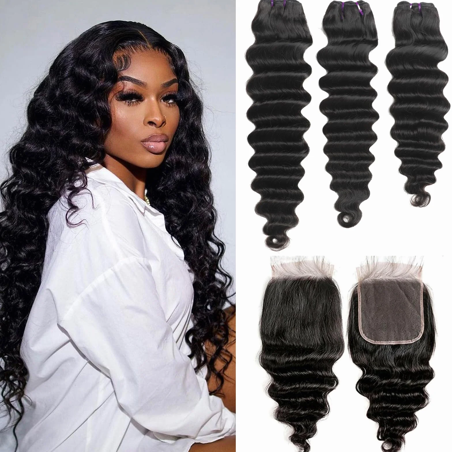 3 paquetes sueltos de onda profunda con cierre de encaje HD de 4 x 4 pulgadas, 16, 18, 20+14 pulgadas, 100 % sin procesar, cabello brasileño Remy húmedo y ondulado con cierre, cabello humano