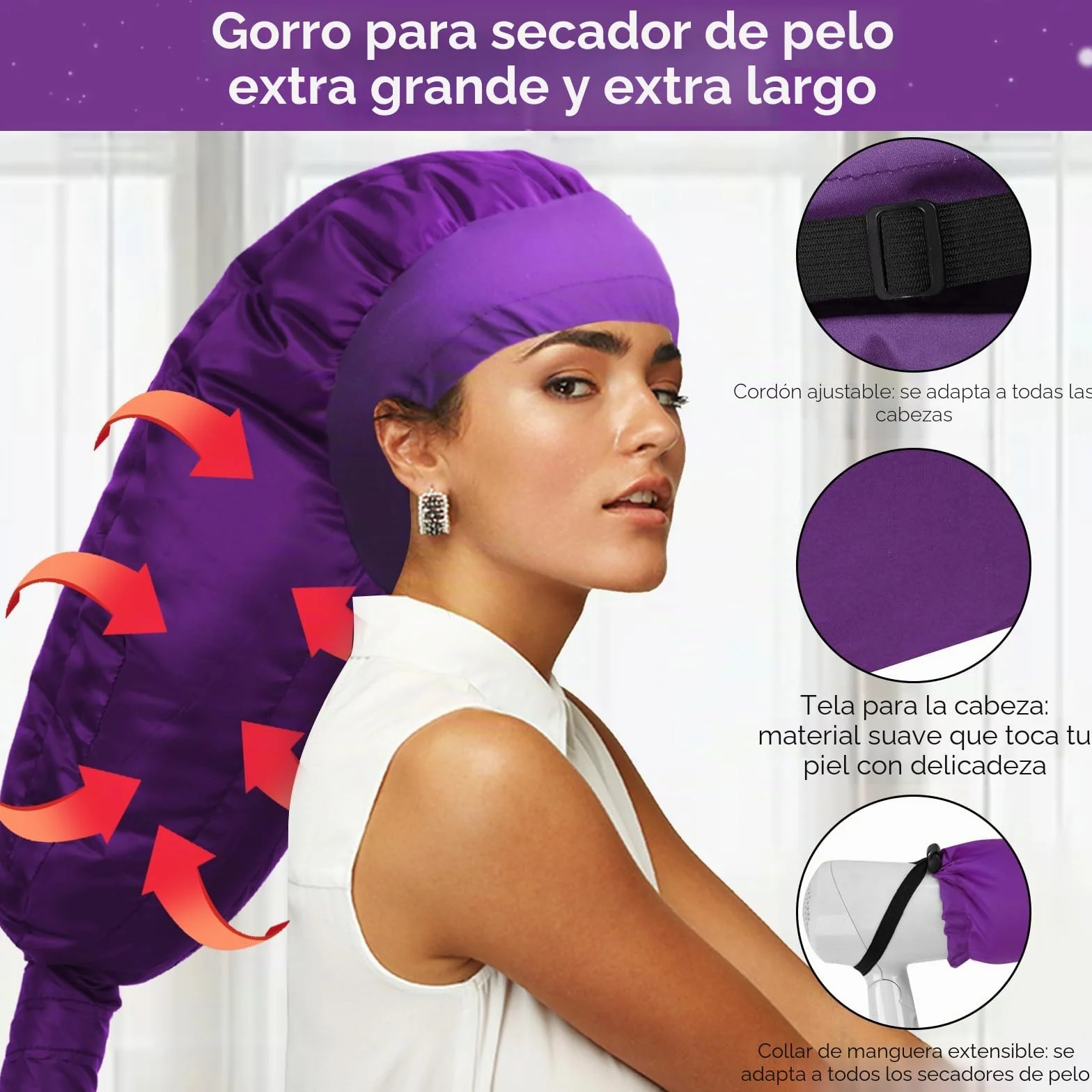 TEPENAR Gorro Secador para Cabello: Capucha Extra Grande Ajustable y Suave para Pelo Rizado - Secado Rápido - Morado