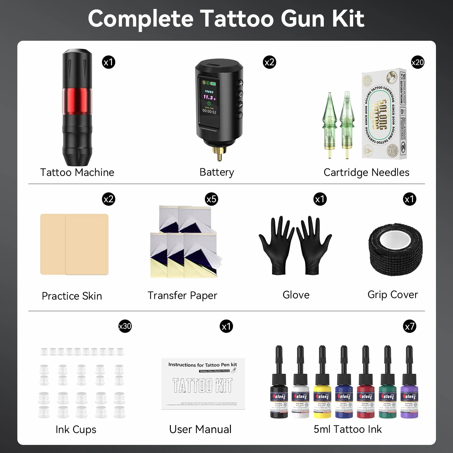 Kit de Máquina de Tatuar Solong 20 agujas para tatuajes, 7 botellas de tinta, 2 baterías de 1800 mAh, kit completo de tatuaje para principiantes y profesionales EF-TKP752AEU-2