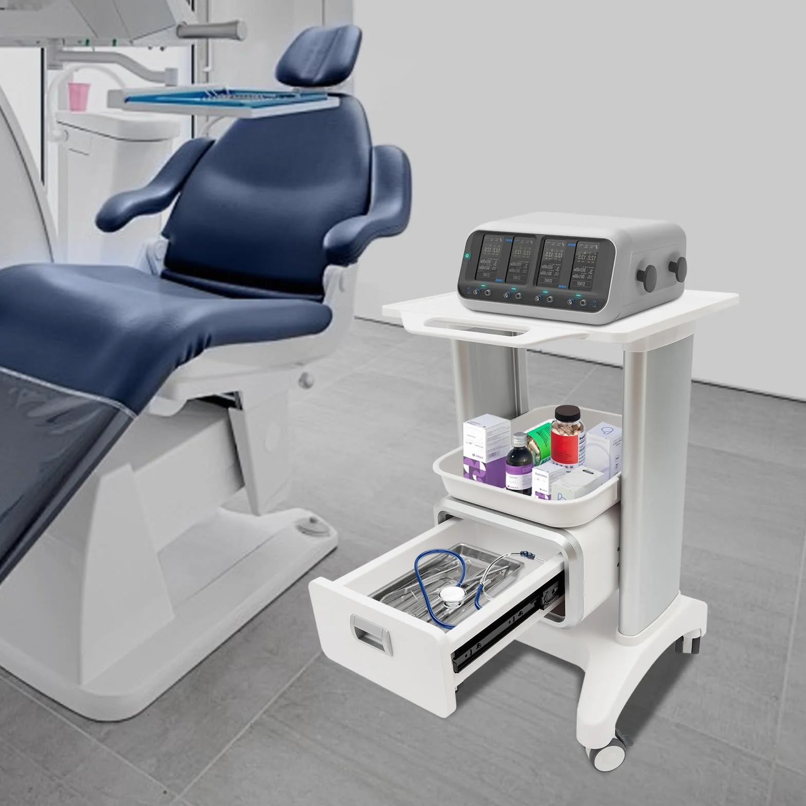 Carro médico con 1 cajón, carrito de laboratorio, 100 kg, carrito de peluquería, carrito de belleza, carrito médico, para laboratorio, clínica, hospital, salo
