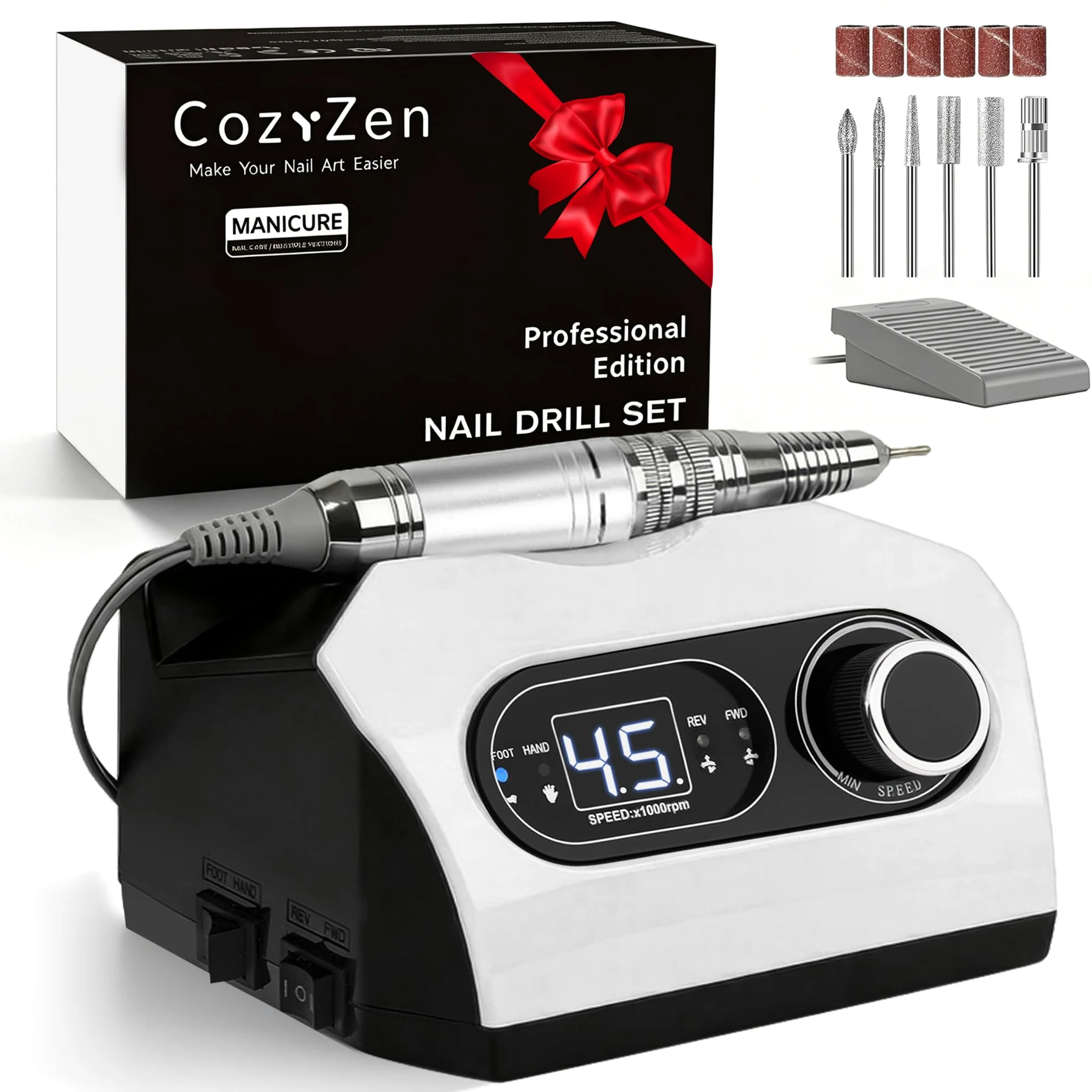 CozyZen Lima Eléctrica de Uñas Profesional 35000 RPM con Pedal | Máquina de Lijado de Uñas Enchufable con Pantalla LED, Control de Velocidad, 6 Fresas para Acrílico, Gel, Hogar y Salón
