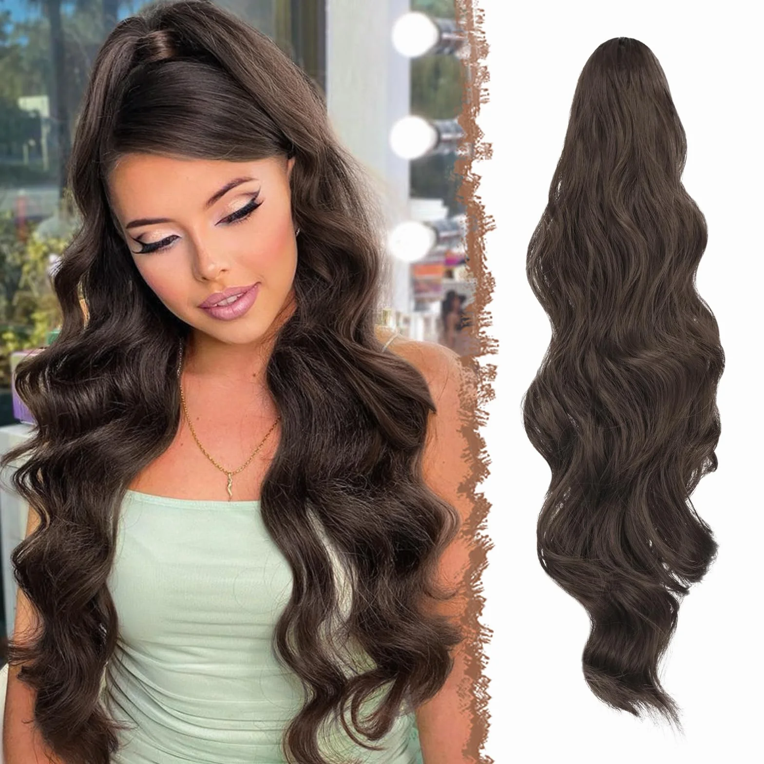 FESHFEN Coleta Postiza Larga 60cm Ondulado Castaño Medio Postizos de Pelo para Mujer