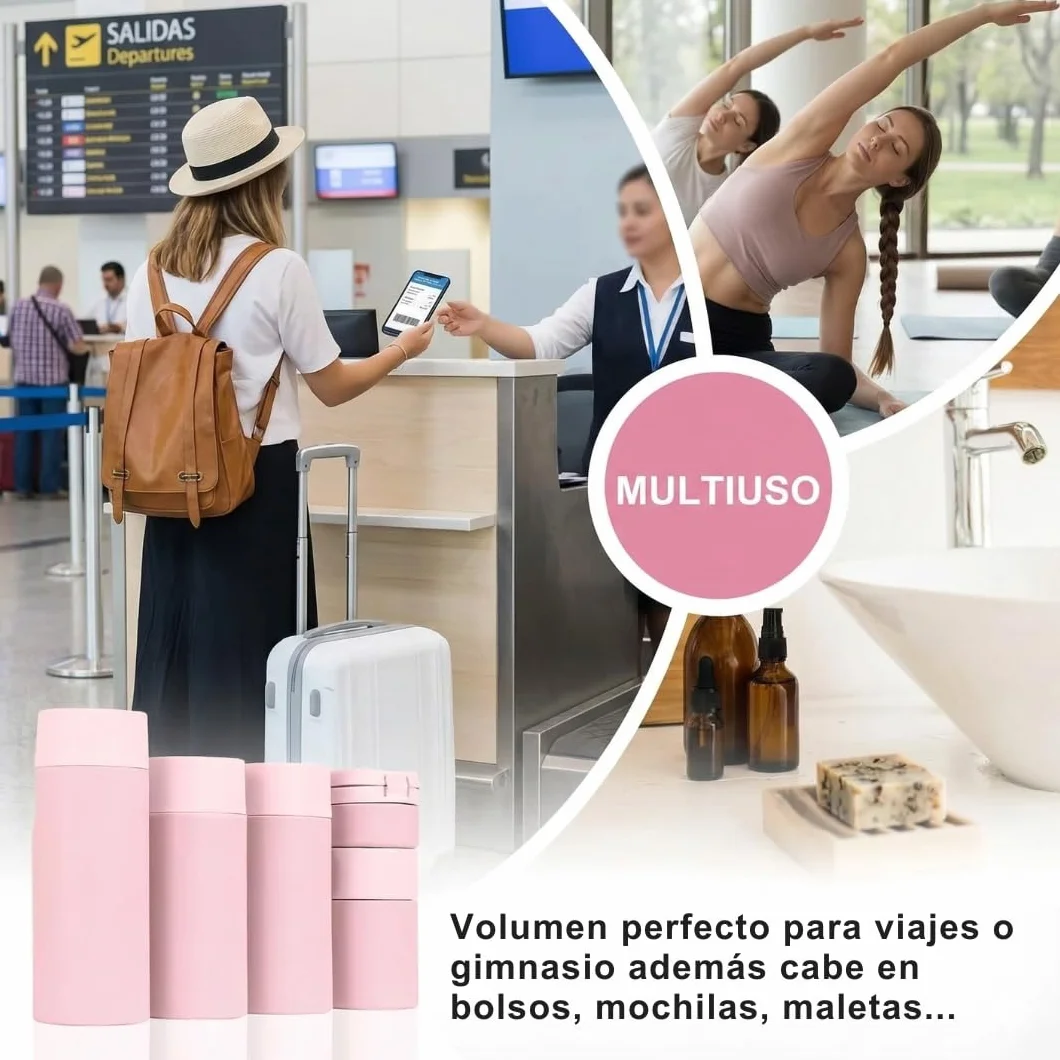 Botes viaje rellenables 100ml a prueba de fugas para gel, champú y lociones Rosa