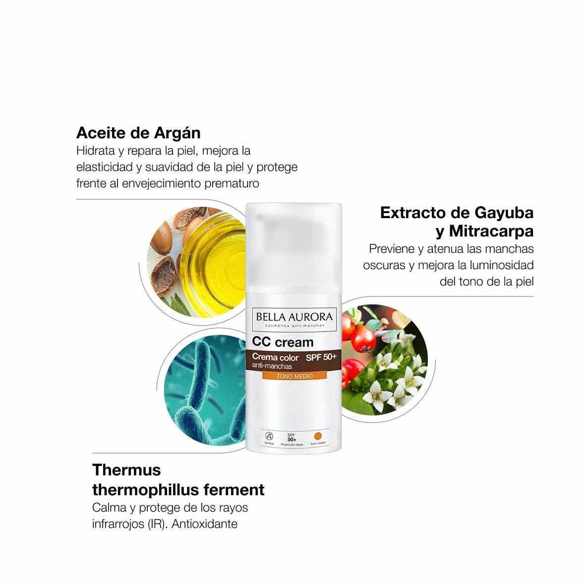 Bella Aurora CC Cream Antimanchas SPF 50+ Tono Medio 30 ml Protector Solar Facial con Color