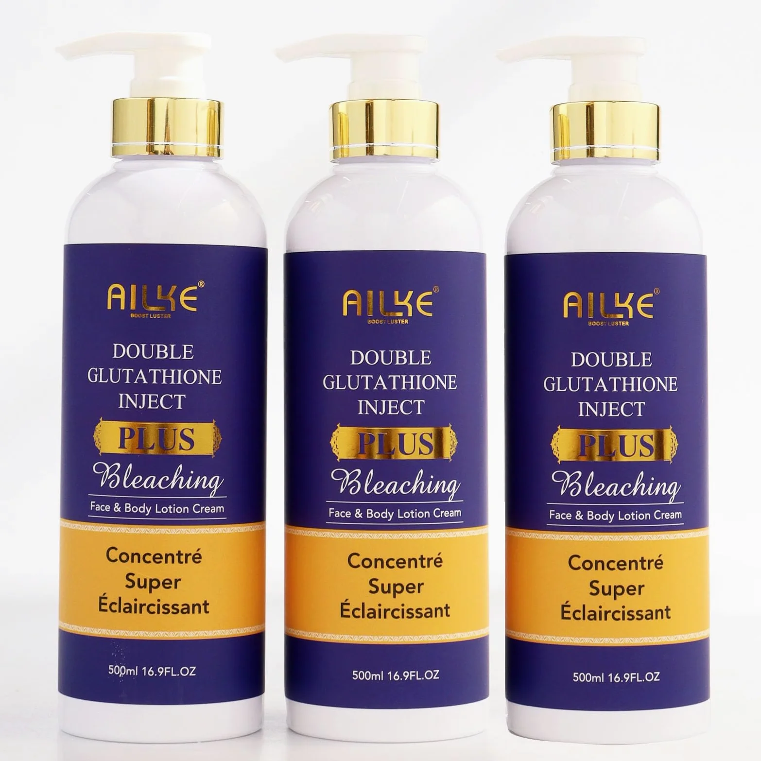 AILKE Double Glutathione Plus Loción corporal blanqueadora, blanquea, reduce las manchas oscuras y las manchas, hidratante profunda, crema corporal suave y limpia para la piel, 500 ml (3 botellas)