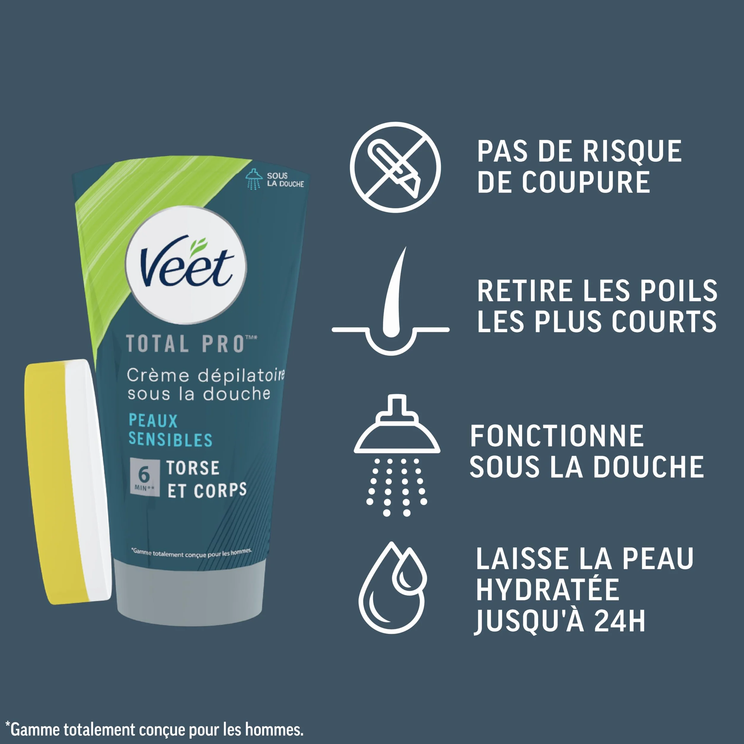 Veet Men Crème Dépilatoire Homme Sous la Douche Peaux Sensibles 150ml