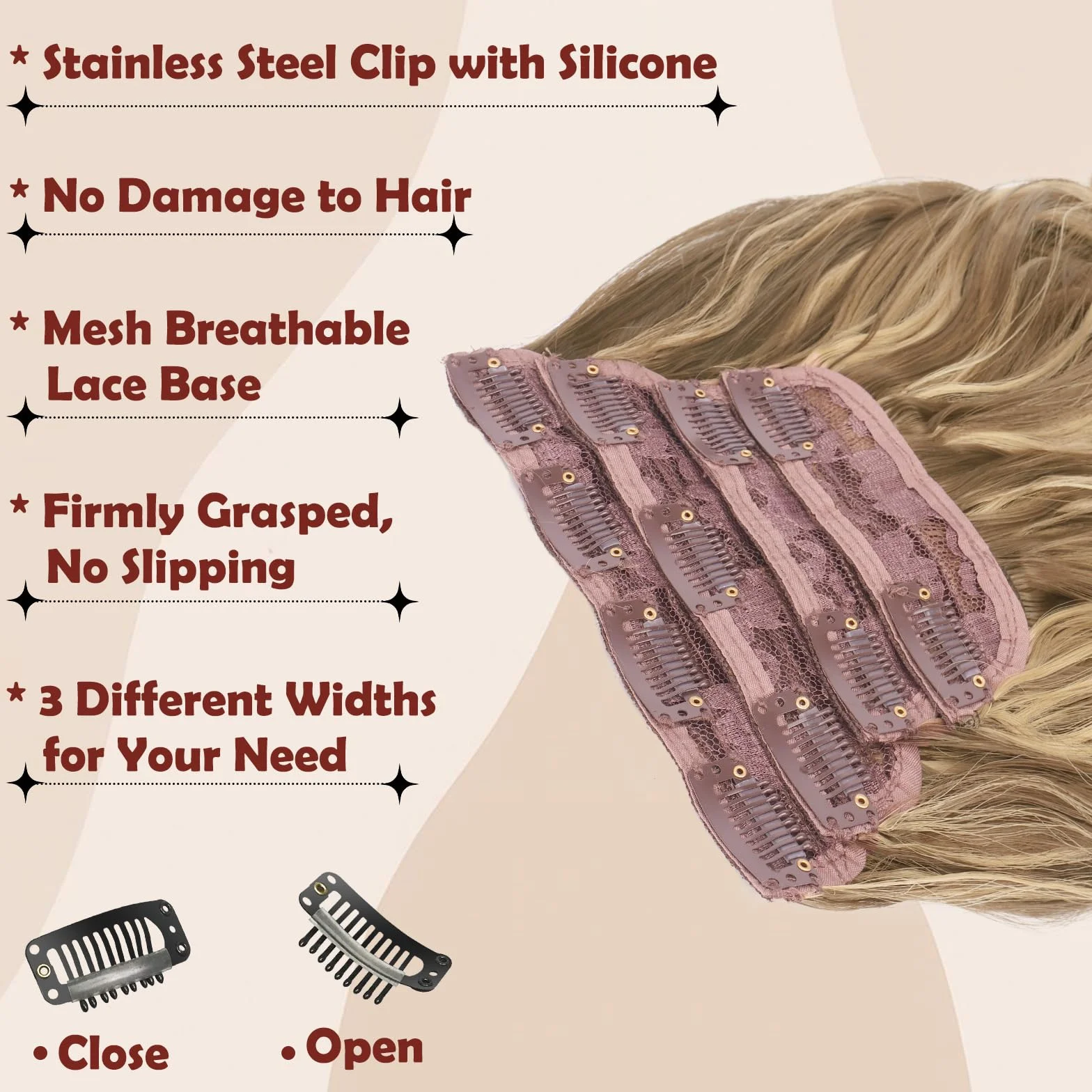 FESHFEN Extensiones de Cabello 60 cm Ondulado Rizado Natural Sintética Clip Marrón Claro Oro Mixto 4 Piezas