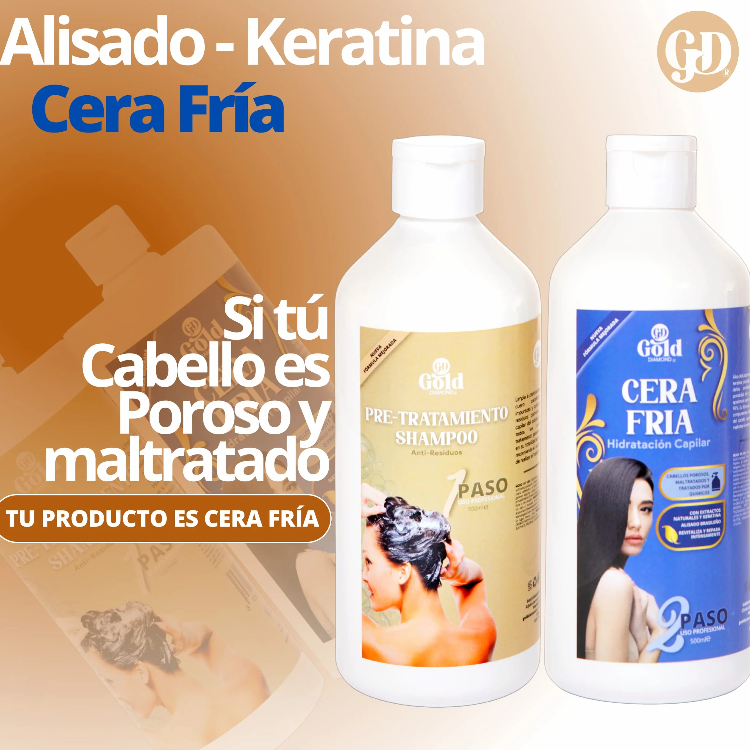 Gold DIAMOND – Kit Alisado Brasileño Cera Fría Sin Formol – Tratamiento de Keratina Profesional para Cabello Teñido, Poroso y Dañado – Hasta 6 Meses Sin Frizz (Kit Mediano, 500mL)