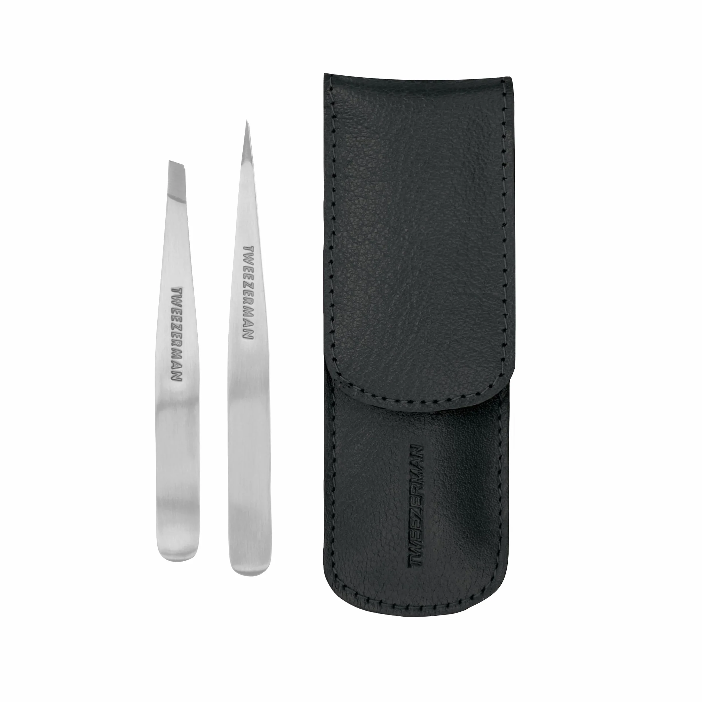 TWEEZERMAN Set de pinzas Petite (pinzas de punta inclinada y puntiaguda para cejas, ergonómicas, depilación, acero inoxidable)