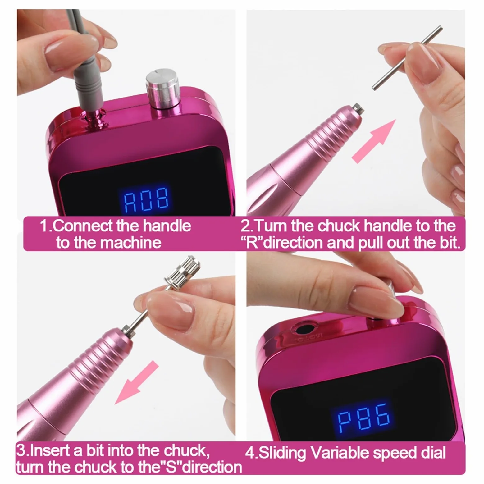Torno para Uñas, Taladro eléctrico for uñas, 35000RPM, recargable, profesional, juego de fresas for manicura con pantalla LED, broca for limas de uñas(Blauw)