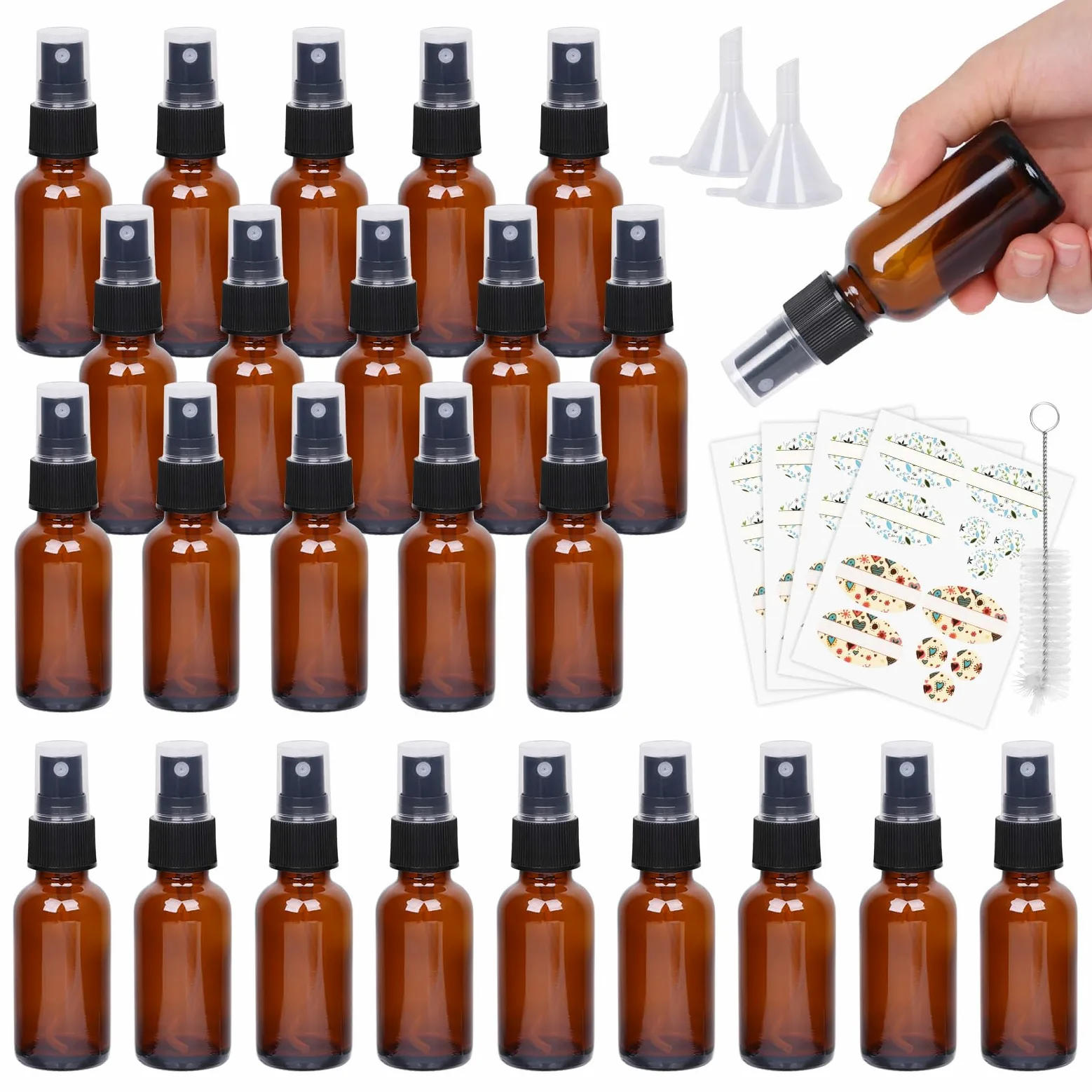 Paquete de 24 botellas de spray ámbar de 1 onza con pulverizador de niebla fina, botellas de viaje de vidrio de 30 ml para aceites esenciales cosméticos, soluciones de limpieza, perfumes y