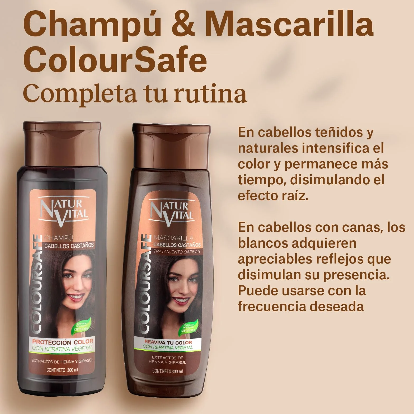 NaturVital Mascarilla de Pelo ColourSafe 300ml con Keratina Vegetal para Cabellos Castaños