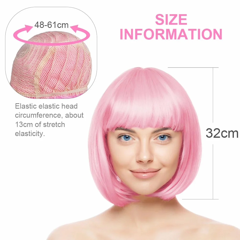 Aomig Peluca Rosa Corta Anime Cosplay con Gafas y Redecilla, Peluca Bob Sintética Neón Halloween Carnaval