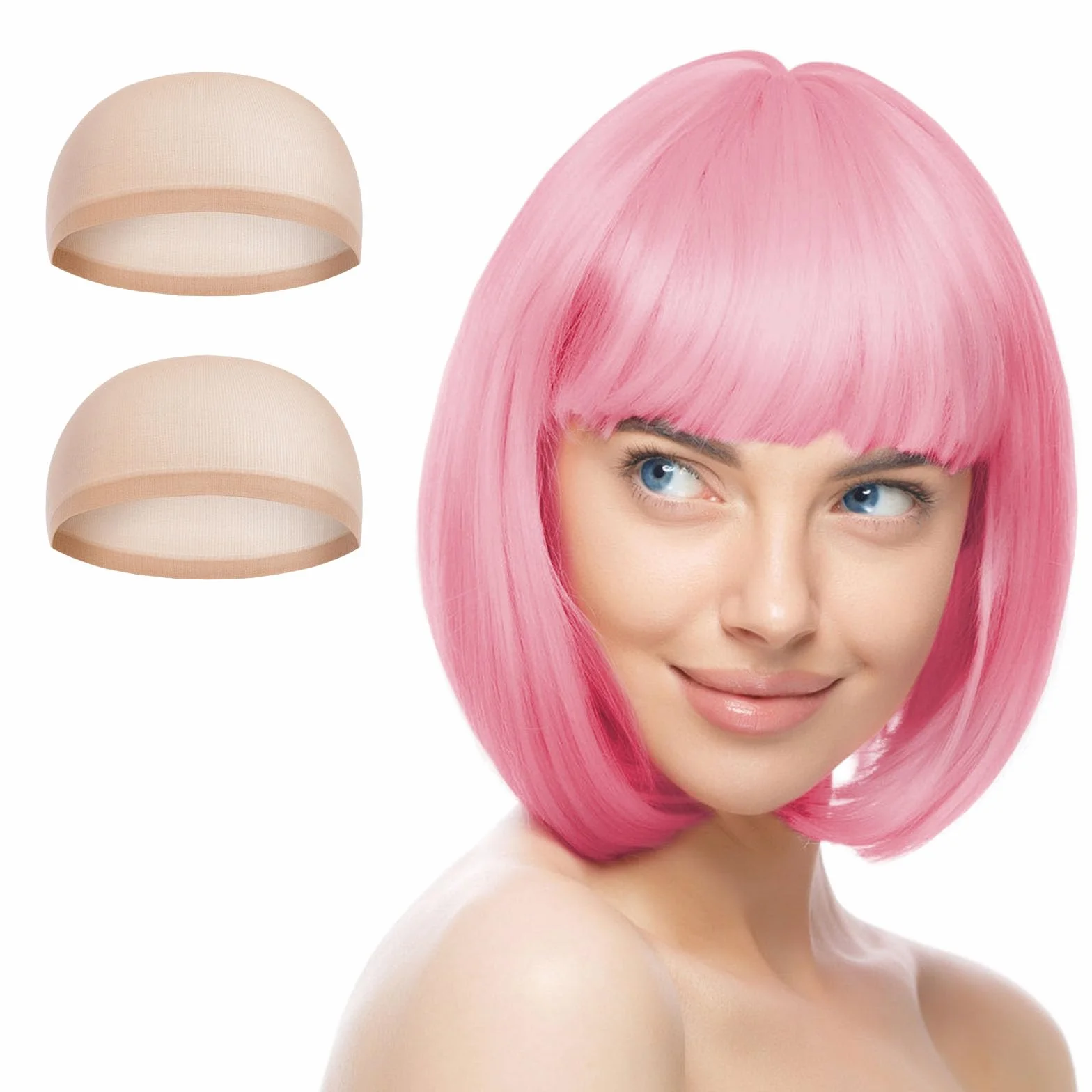 Aomig Peluca Rosa Corta Anime Cosplay con Gafas y Redecilla, Peluca Bob Sintética Neón Halloween Carnaval