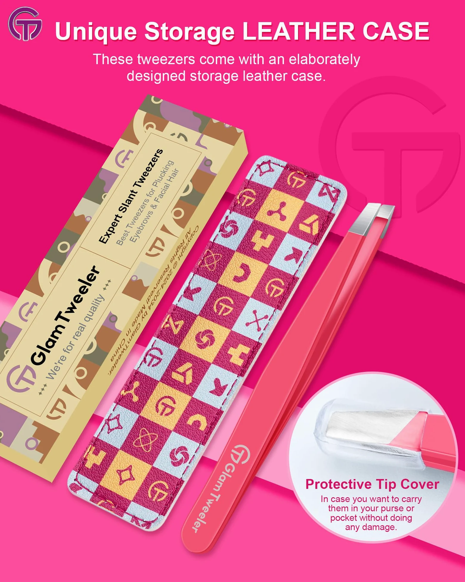 GlamTweeler Expert - Pinzas de depilación de cejas con funda de cuero, punta inclinada de alta precisión, pinzas de acero inoxidable para hombres y mujeres (rosa intenso)