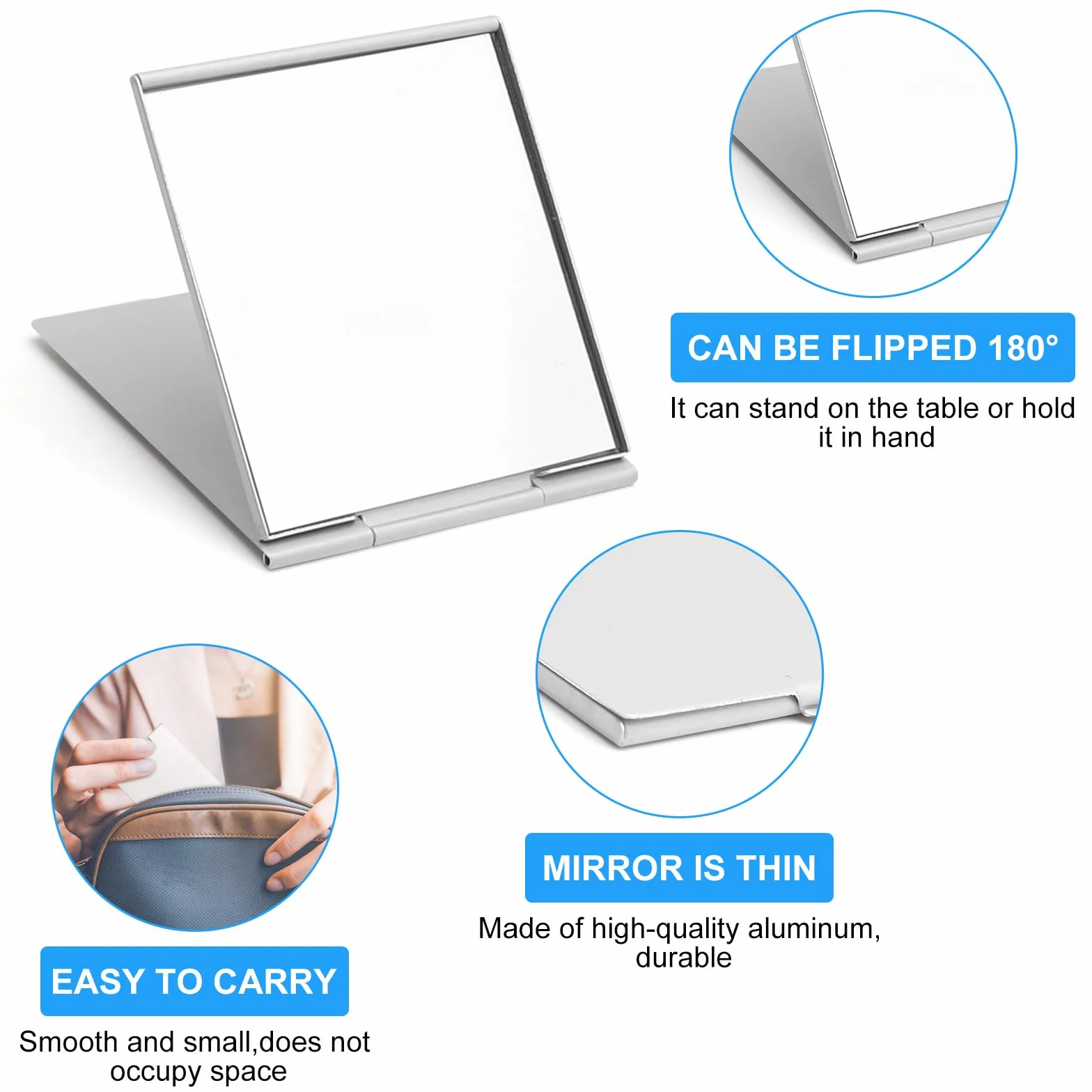 APOMOONS Espejos de Bolsillo Plegables, Espejo Cosmético Ultrafino con Carcasa de Aluminio, 6 Piezas para Viajes