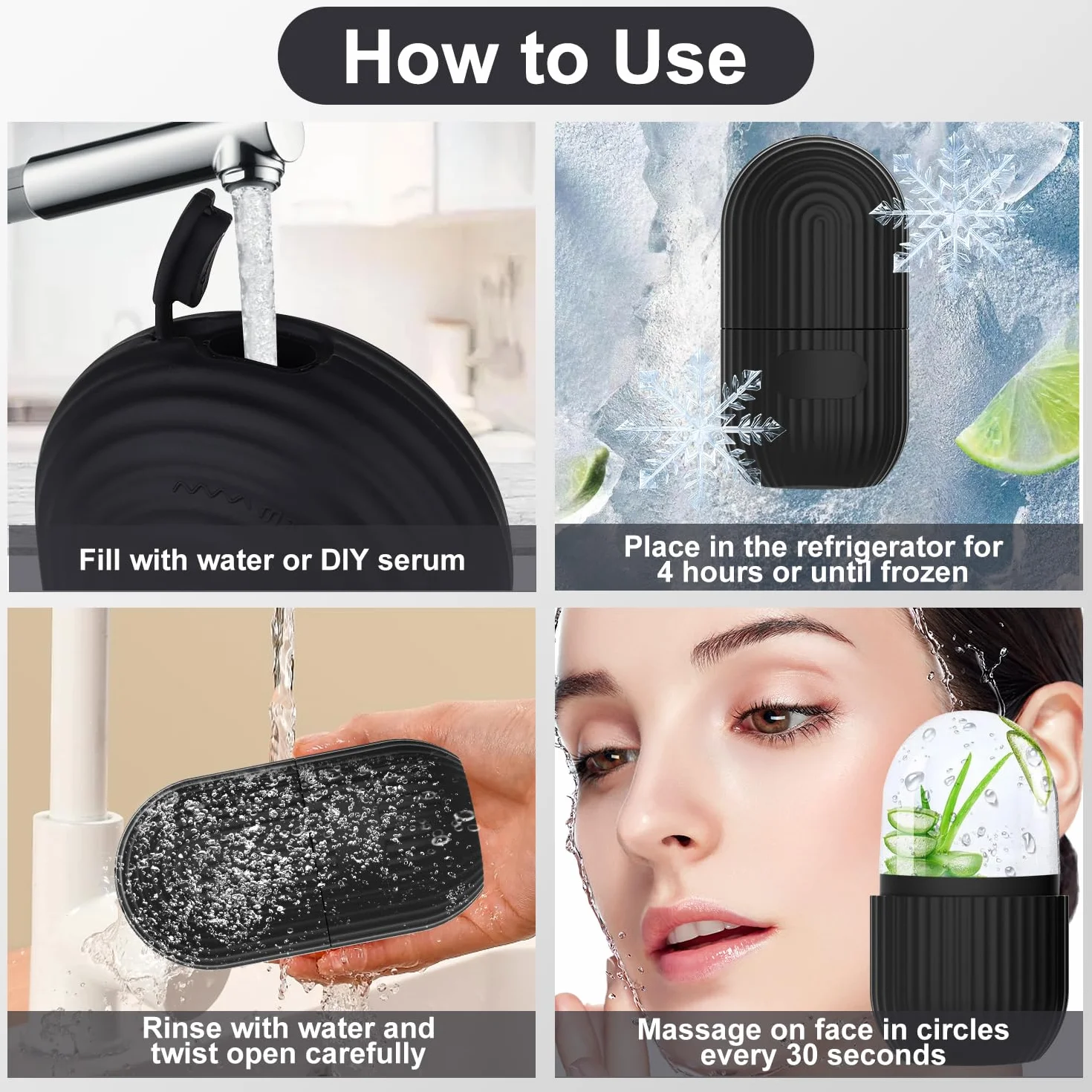 Ice Roller para Masaje Facial Frío, Hielo Cara Reutilizable de Silicona, Reducción de Poros y Ojeras, Cuidado de la Piel en Casa (Rayas Negras)