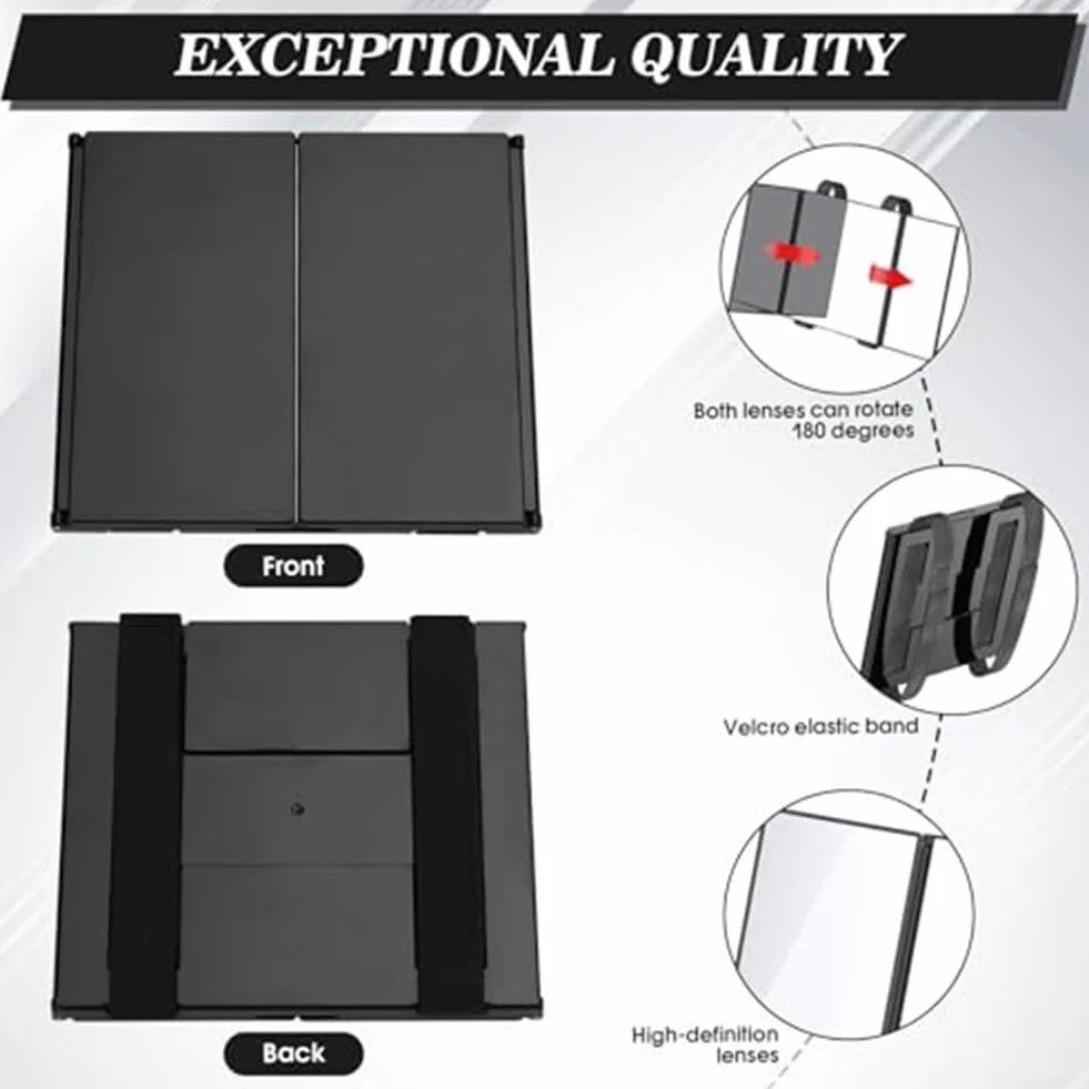 Honseadek Espejo plegable de 3 vías, rotación 360°, ABS y vidrio, negro
