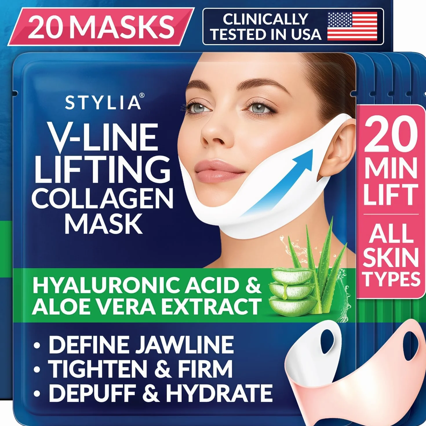 Stylia Máscara Facial de Colágeno de Línea V Levanta y Reafirma con Ácido Hialurónico y Aloe Vera