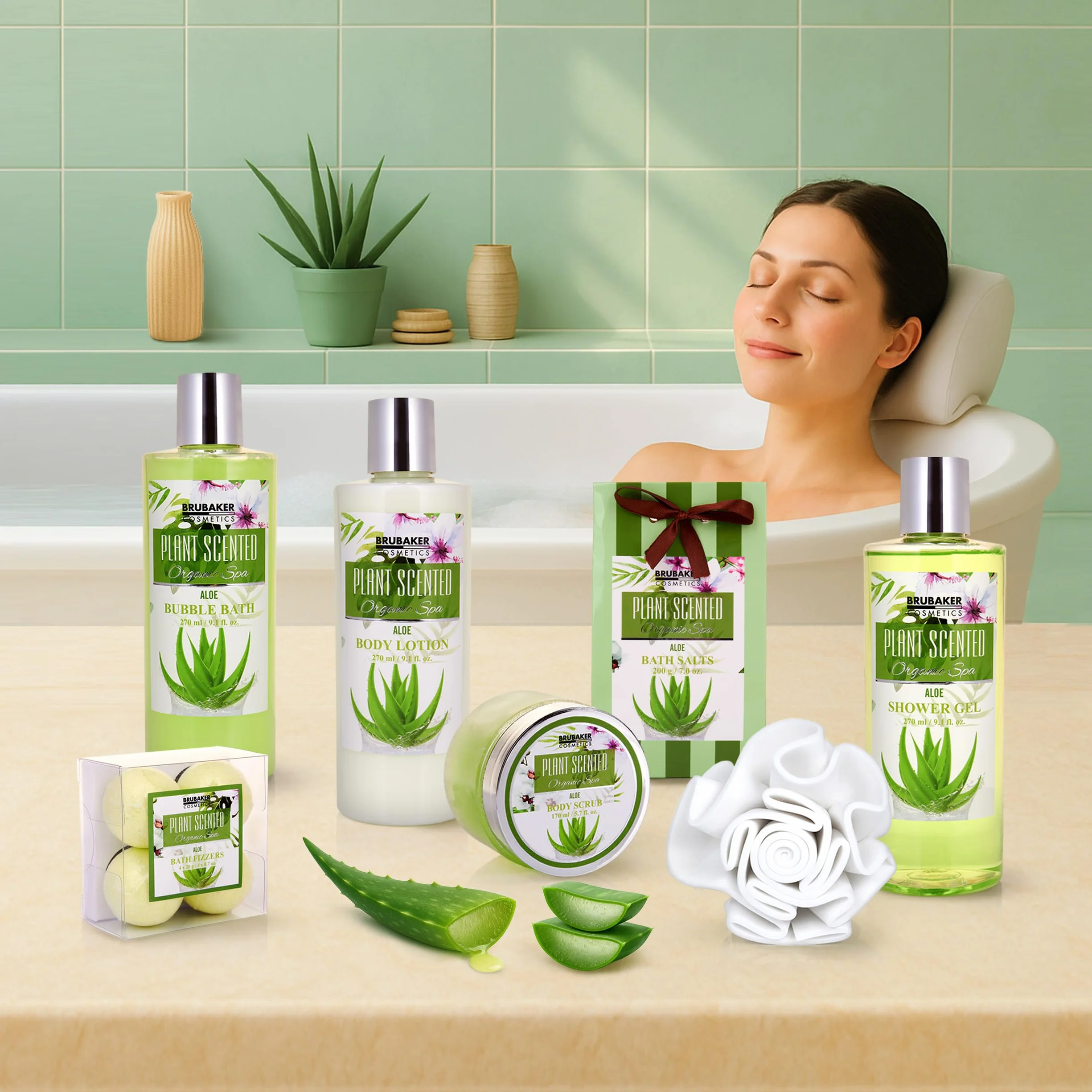 BRUBAKER Cosmetics Set de Regalo de Baño y Ducha Aloe Vera 11 piezas Cesta Mimbre Spa Kit