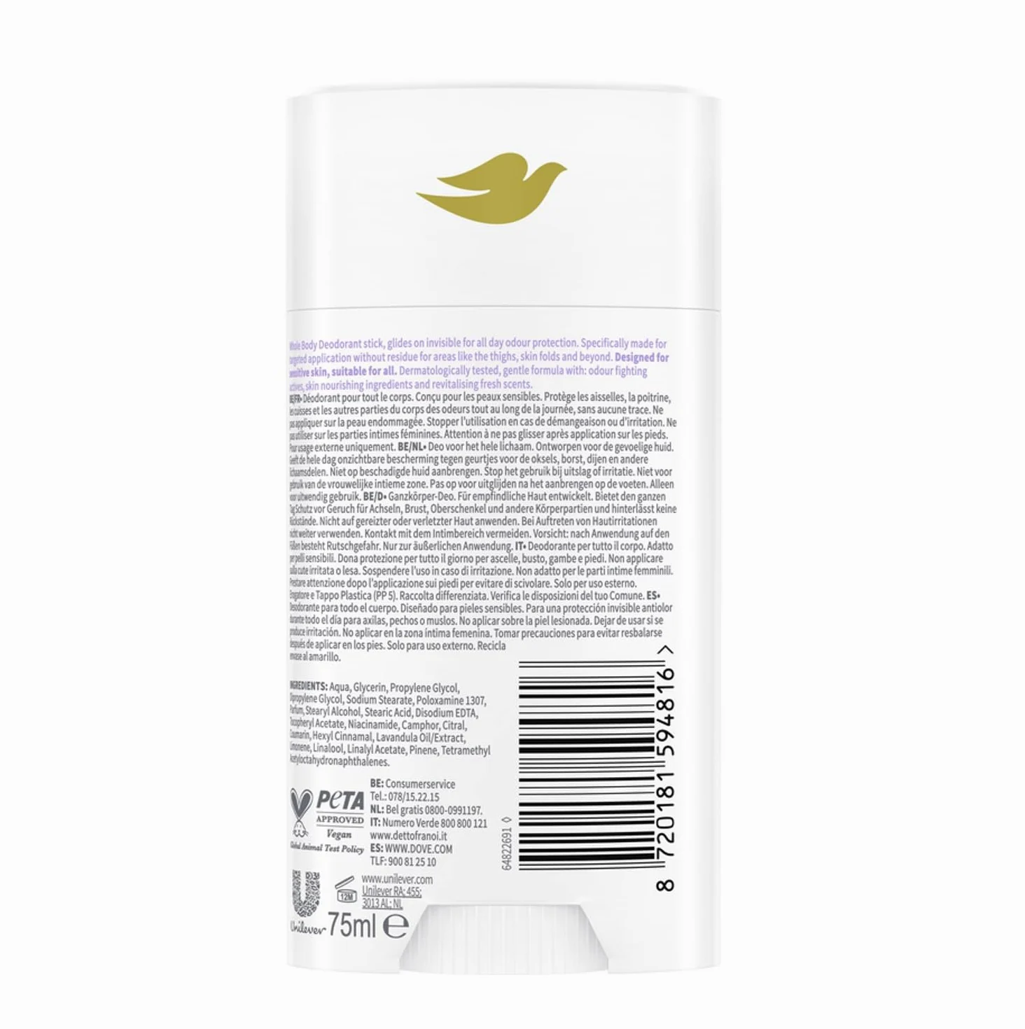 Desodorante corporal Whole en barra Lavanda E Camomilla, desodorante en barra de lavanda y manzanilla, 6 x 75 ml + Polpa italiana Gourmet 400 g