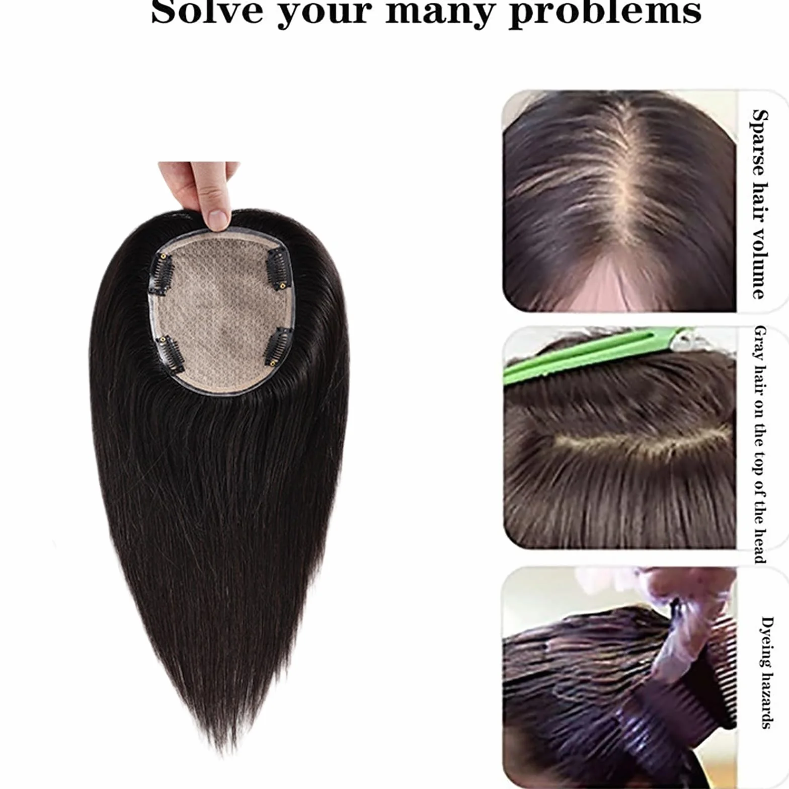 Adornos for El Cabello Negro for Mujeres Humano Postizos Extensiones De Pelo Con Cobertura De 360° De 10/12 Pulgadas Peluca Con Clip De Base De Seda De 12 X 14 Cm for Canas(30cm)