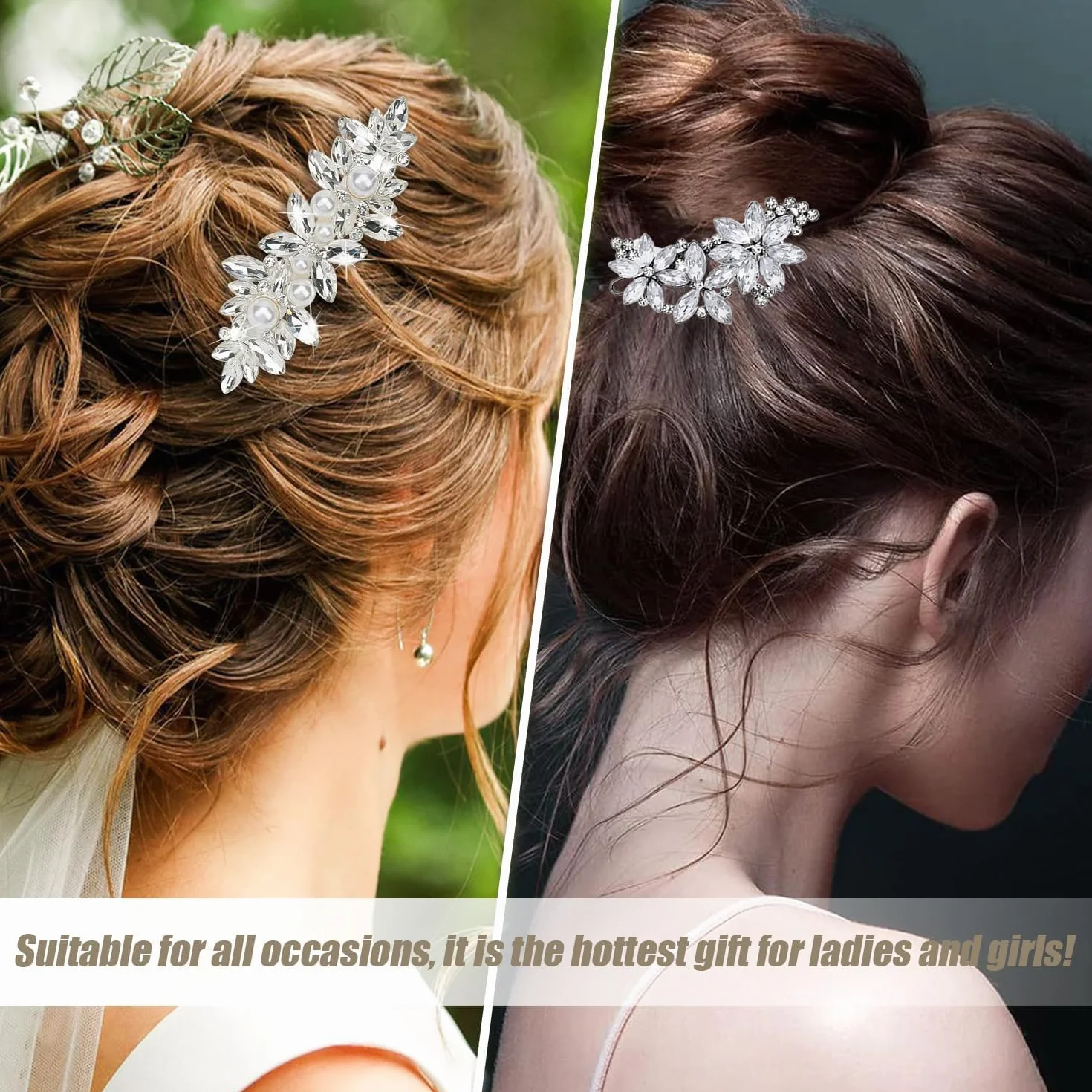Clips de Pelo de Perlas de Pedrería Horquilla de Boda Pinzas para el Cabello Barrette de Pelo de Cristal Brillante para Mujeres