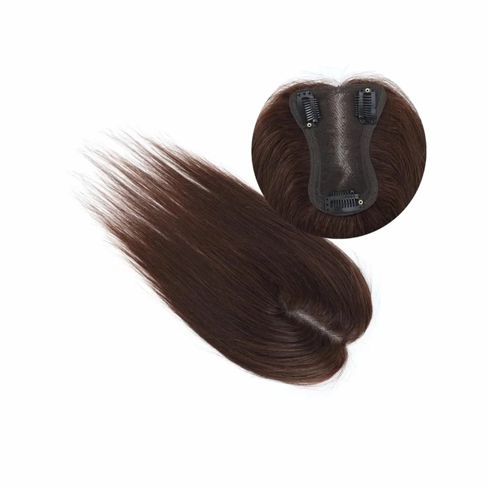 Topper para cabello humano 8x11 cm Base de encaje suizo Posticci atado a mano transpirable ajustable con raya para mujeres con cabello delgado Extensiones de pelo (marrón oscuro)