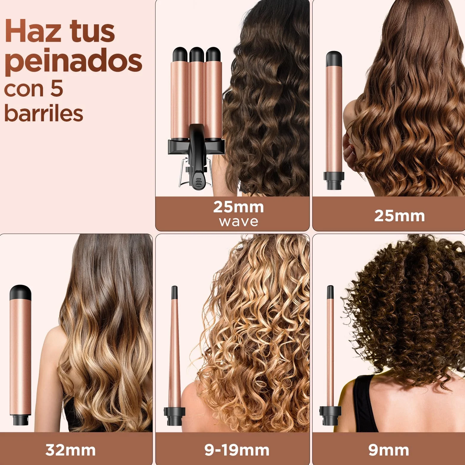 BESTOPE Rizador de Pelo 5 en 1 Plancha Ondas Temperatura Regulable Cerámica Calentamiento Rápido 3 Barriles