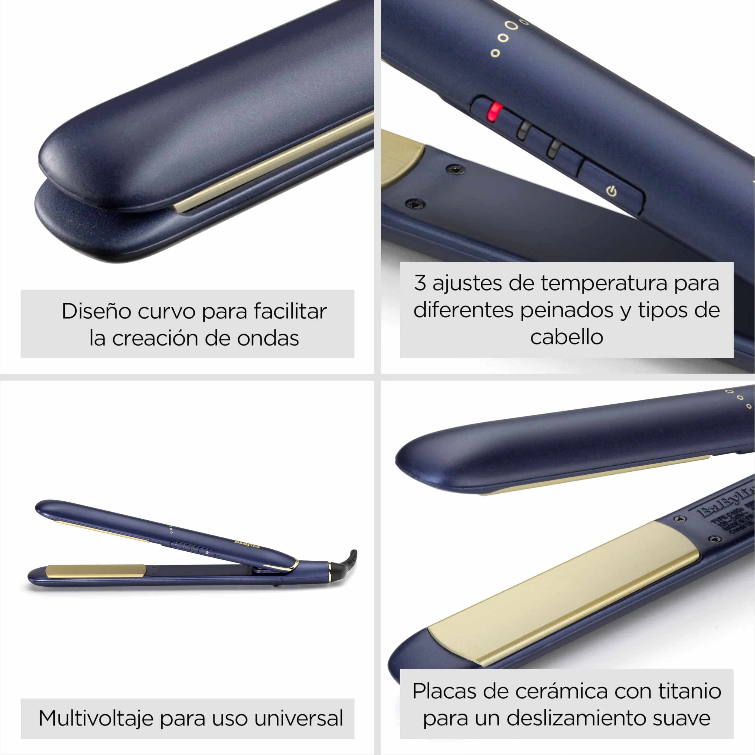 BaByliss Plancha de Pelo Midnight Luxe 2516PE - Placas flotantes de cerámica con titanio, 235°C, Multivoltaje, Azul
