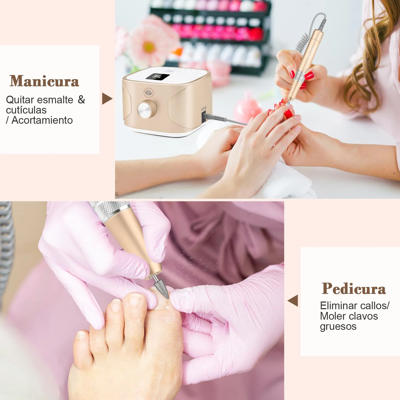 Kredioo Torno para Uñas Profesional 35000 RPM, Pulidor Uñas, Lima Electrica, Nail Drill, Set Manicura y Pedicura Electrico, Kit 11 Fresas Brocas, LED Tátil, Quitar Acrílico Gel/Esmalte/Callos, Oro