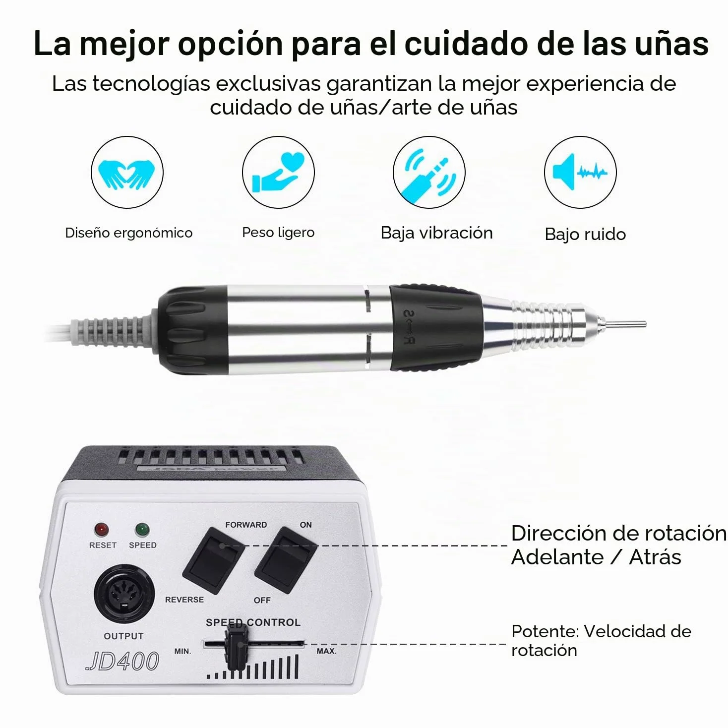 JSDA Torno para uñas profesional,lima electrica uñas, 30000 RPM, fresa de carburo de tungsteno, potente, silencioso, baja vibración, Incl. cuatro brocas y un broca de carburo premium
