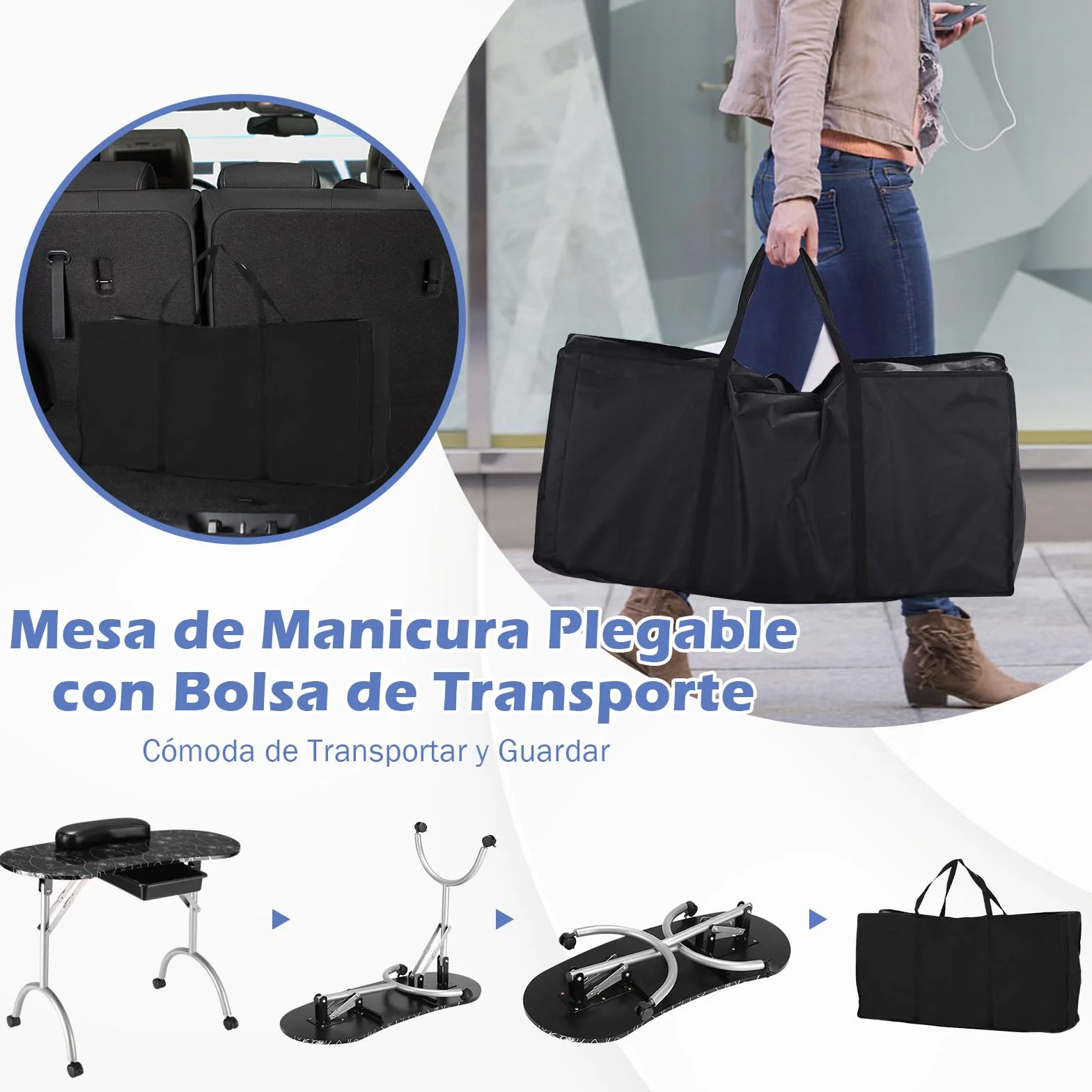 COSTWAY Mesa de Manicura con Ruedas Plegable Portátil con Caja de Almacenamiento y Almohada para la Muñeca para Uña Decoración