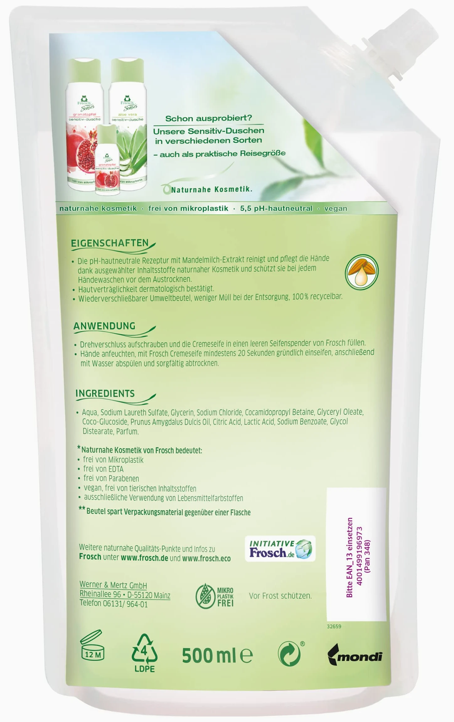 Rana Jabón de manos almendra Leche Después de relleno, 6 pack (6 x 500 ml)