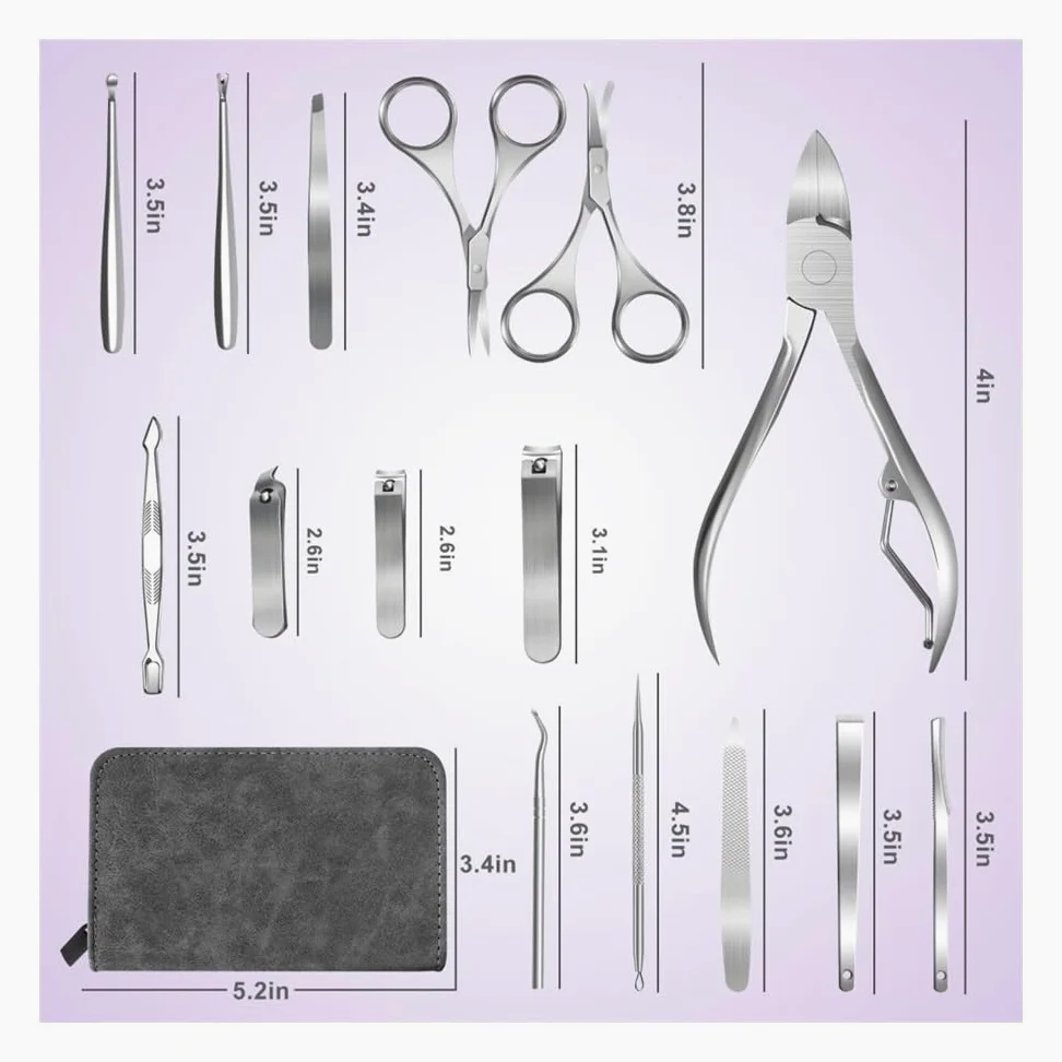 Kit de manicura y pedicura 15 en 1 de acero inoxidable con estuche de viaje, herramientas para el cuidado de las uñas de los pies, cortaúñas para los dedos de los pies y cortaúñas para las manos.