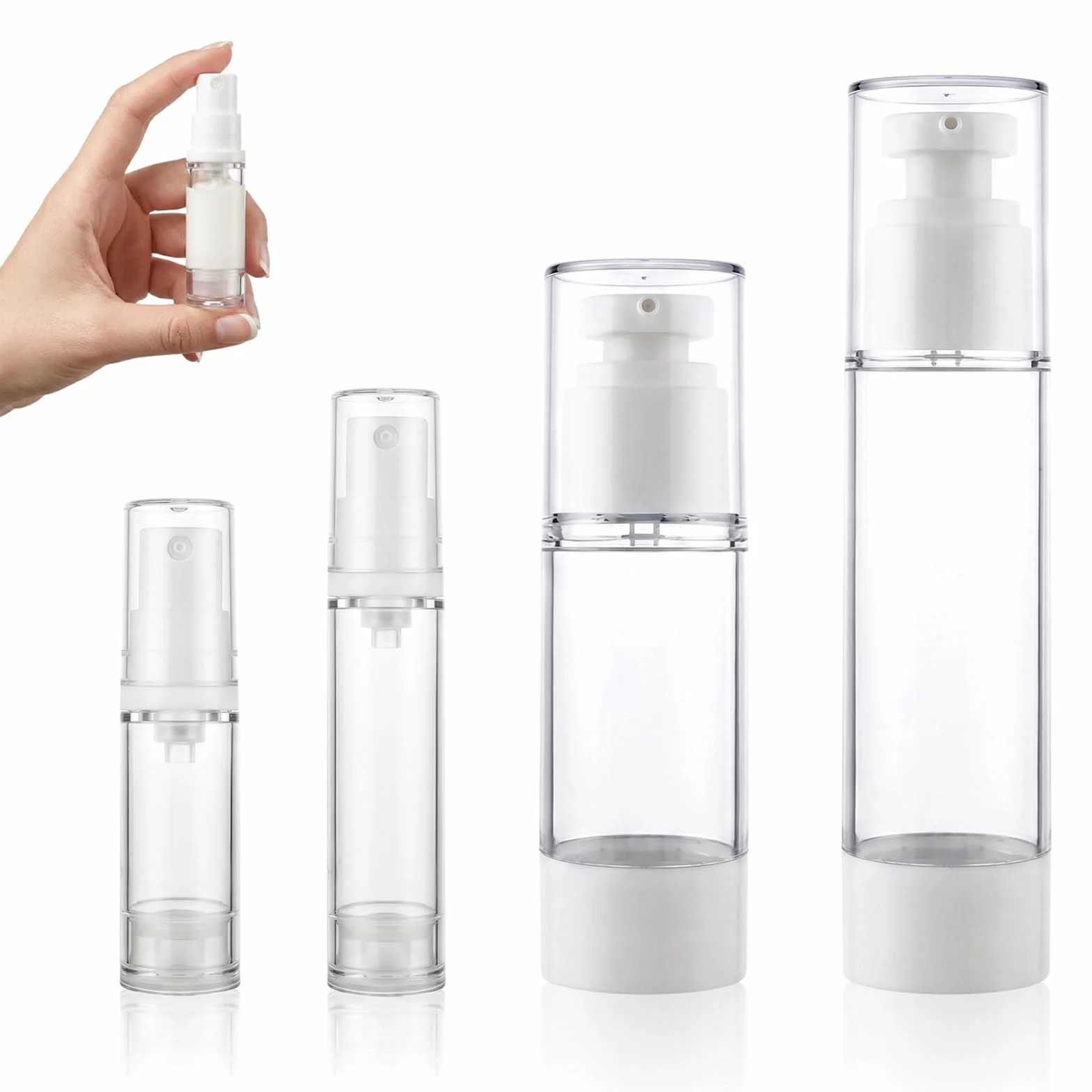 Set de 4 Botellas de Viaje Airless 5ml 10ml 30ml 50ml Dispensador Recargable Antifugas