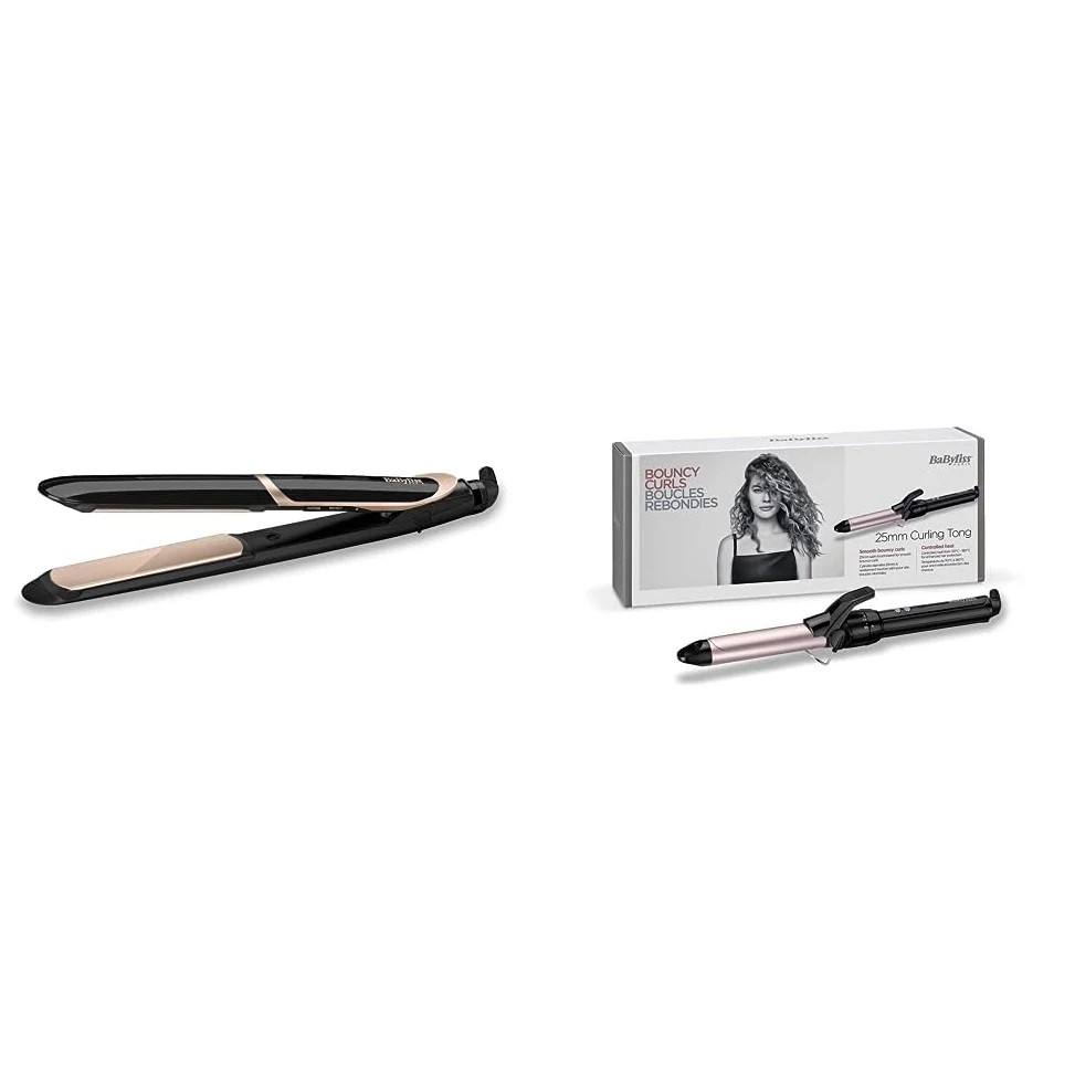 BaByliss ST393E Plancha de pelo profesional, iónica, placas flotantes extra largas de cerámica & C325E Tenacilla de pelo de 25 mm, 10 ajustes de temperatura