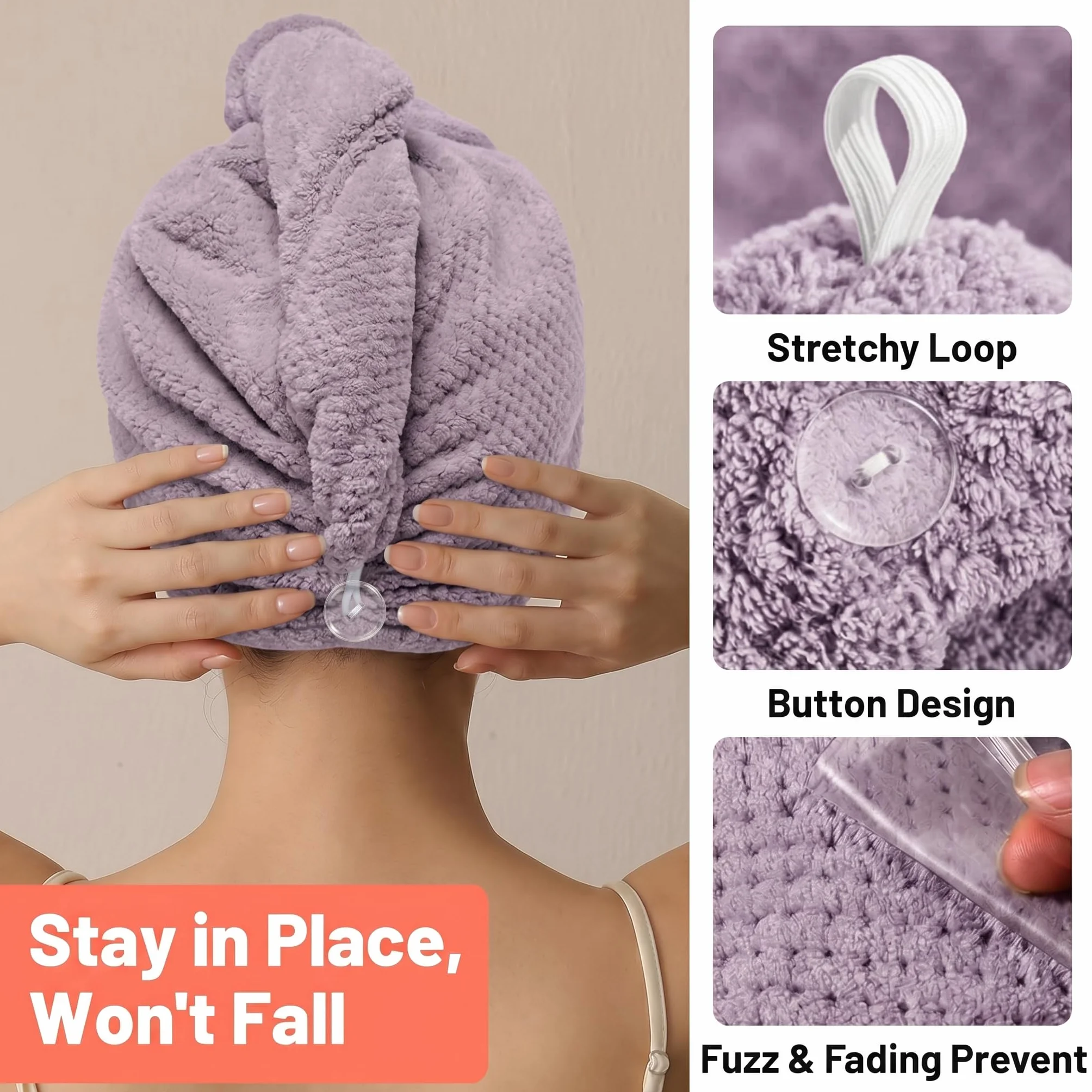 KU Toalla Microfibra Pelo 3 Unidades - Turbante con Botón, Ultra Absorbente Suave, para Pelo Largo Rizado