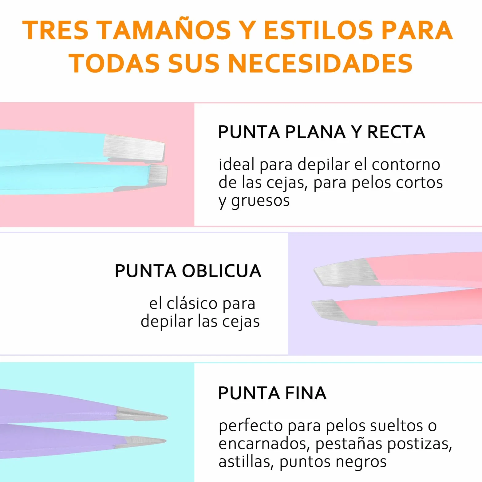 Pinzas de Depilar Cejas 3 Piezas Punta Plana Cangrejo Roma Fina con Estuche