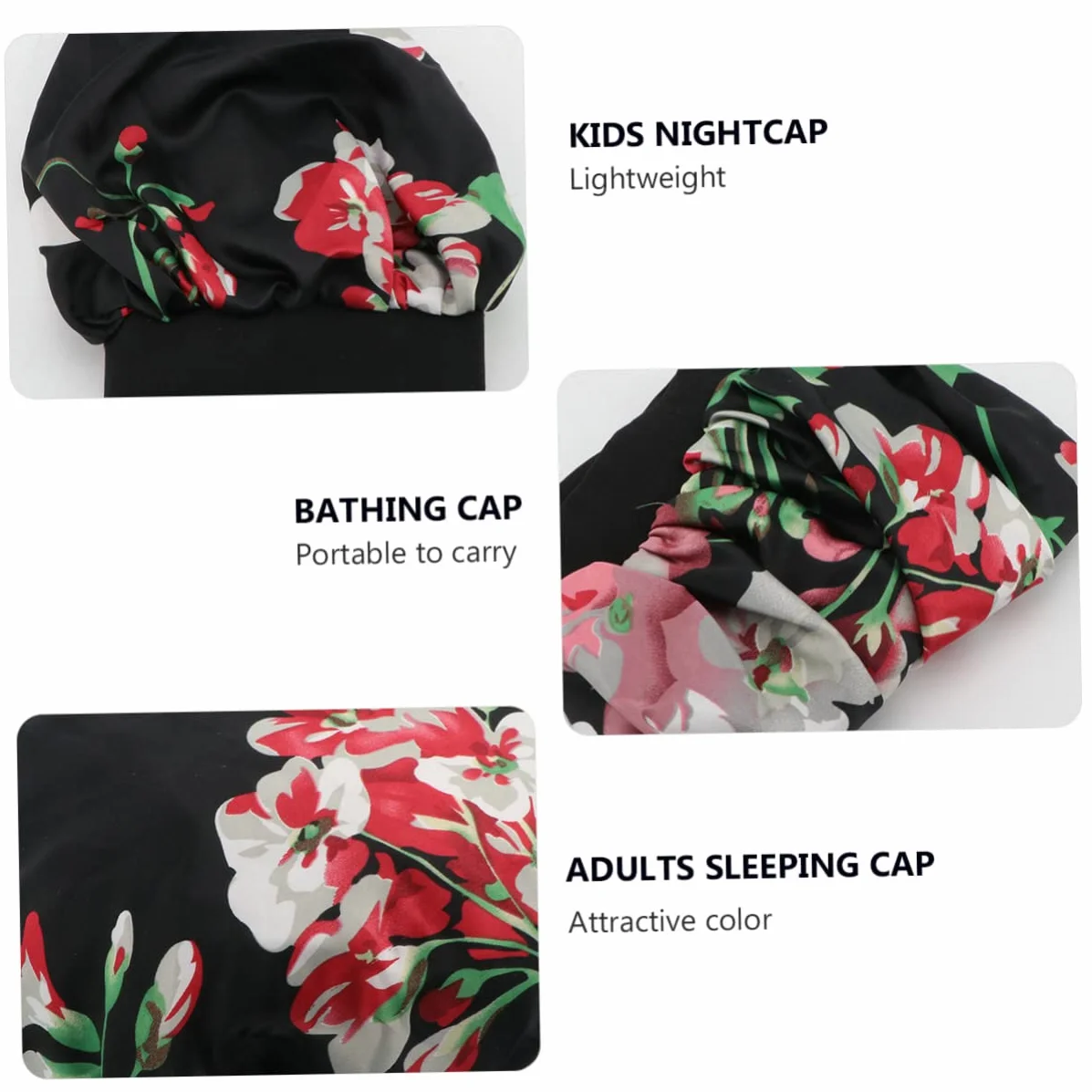 Gorro de Satén Elástico Negro para Dormir Adultos Ala Ancha | Ribete Flexible y Transpirable, Protección del Cabello, Uso Nocturno Lavarse la Cara
