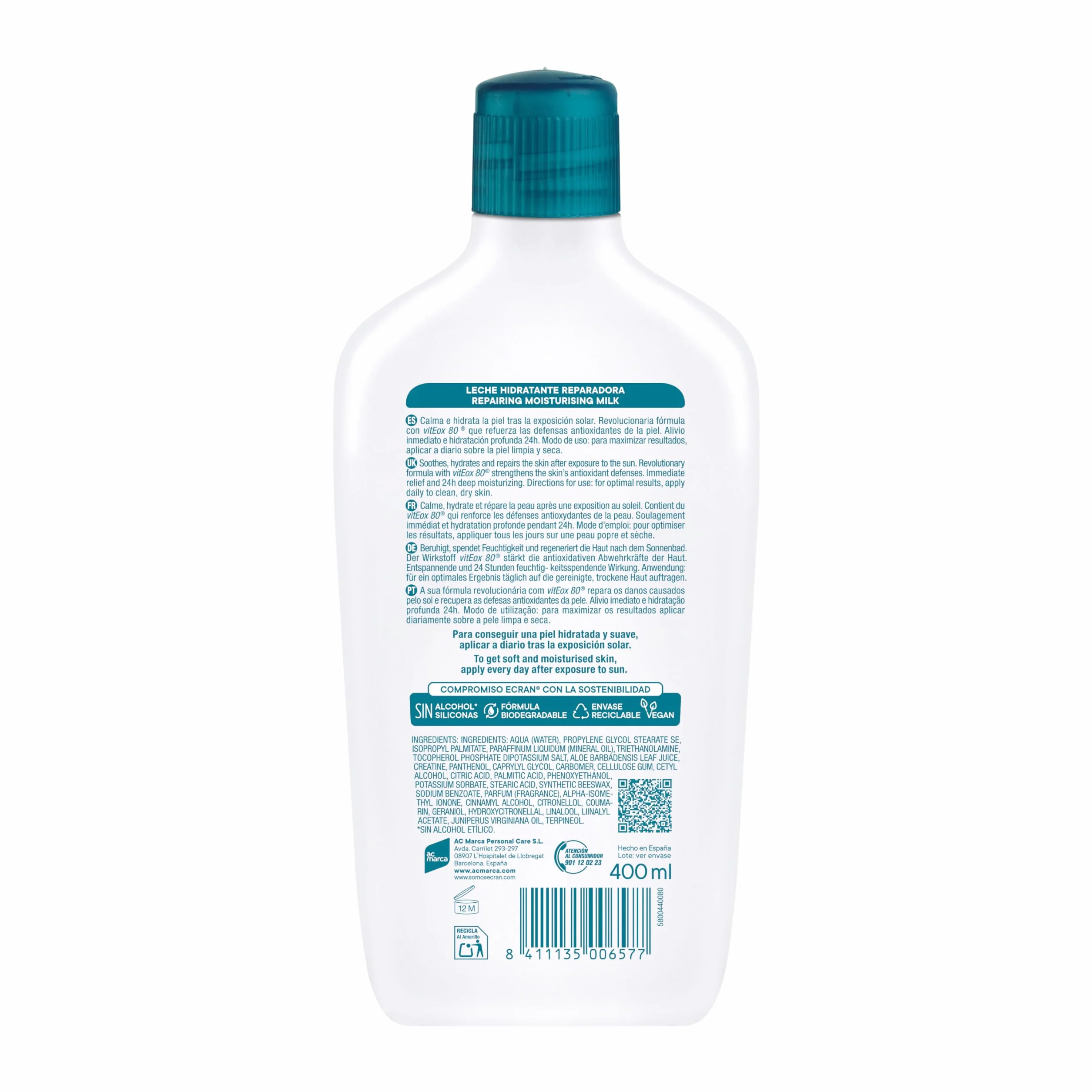Ecran Aftersun Leche Post Solar Reparadora 400 ml Hidrata Calma Alivia Repara